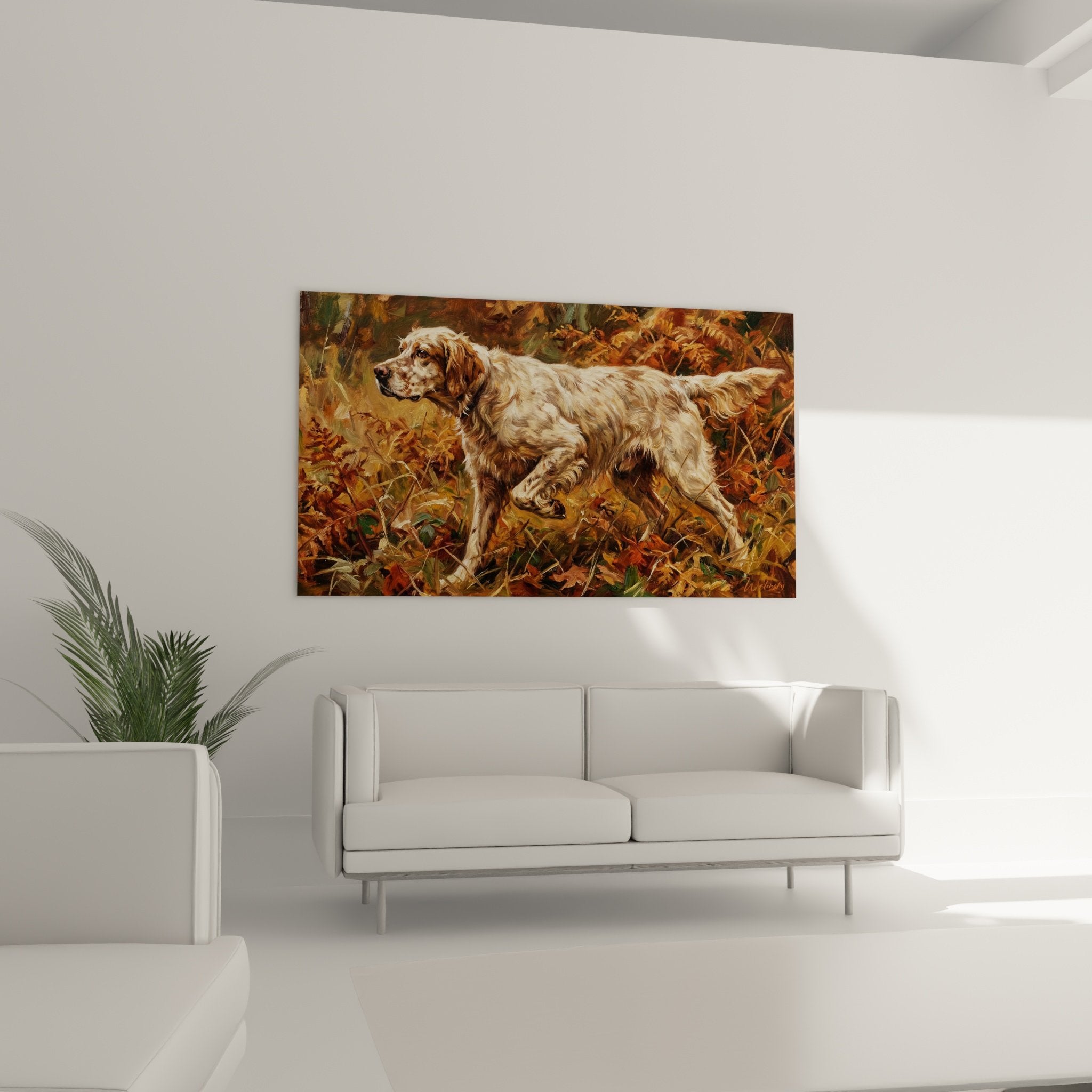 Détail rapproché peinture Setter Anglais pelage tacheté texture réaliste feuilles automne dorées