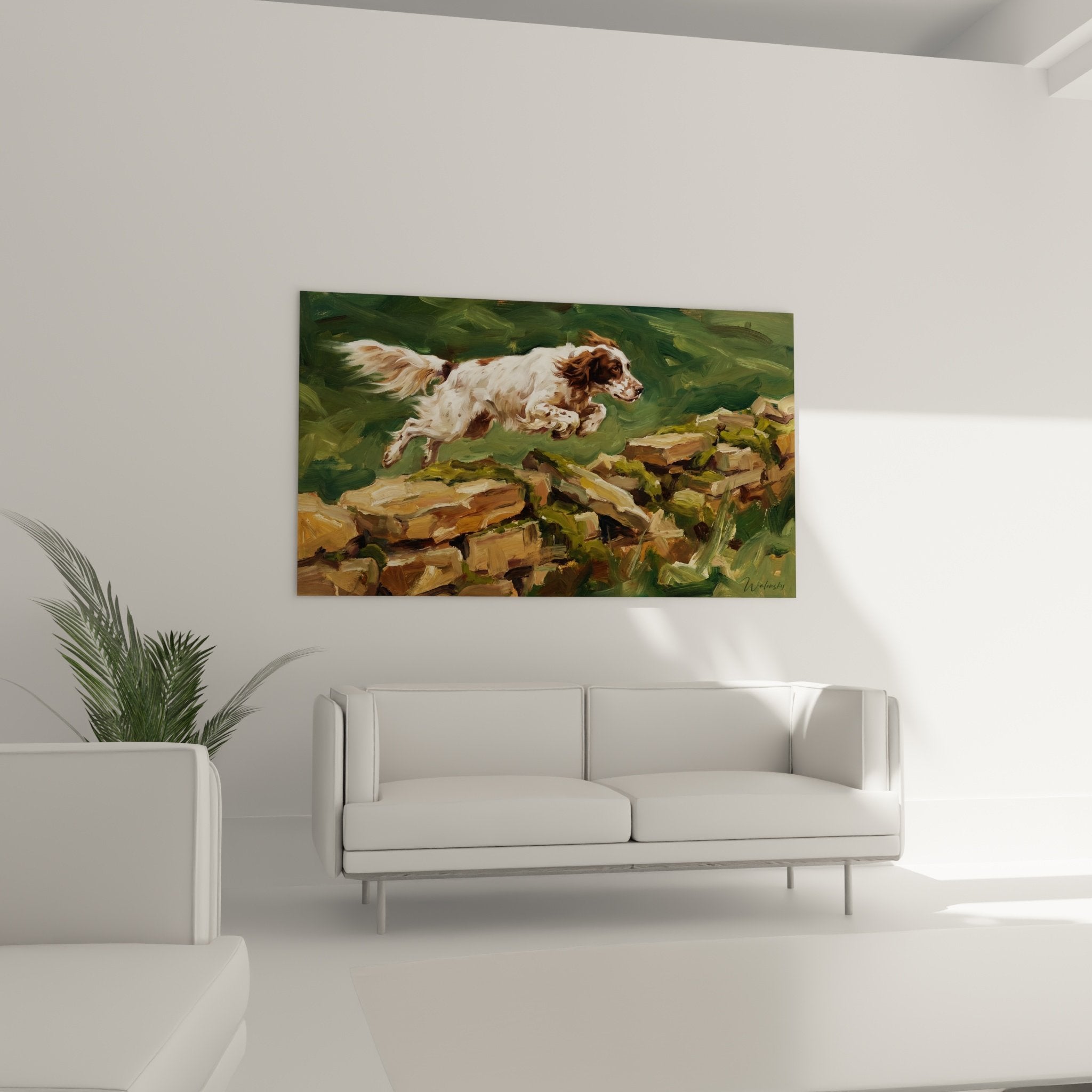Detail Gemälde englischer Setter weißes Fell rostbraun gefleckt impressionistische expressive Technik