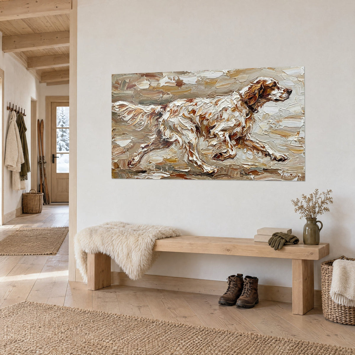 Tableau chien de chasse bondissant en pâte épaisse ocre et ivoire, queue frangée en plumes, dans un chalet, au-dessus d'un banc en bois