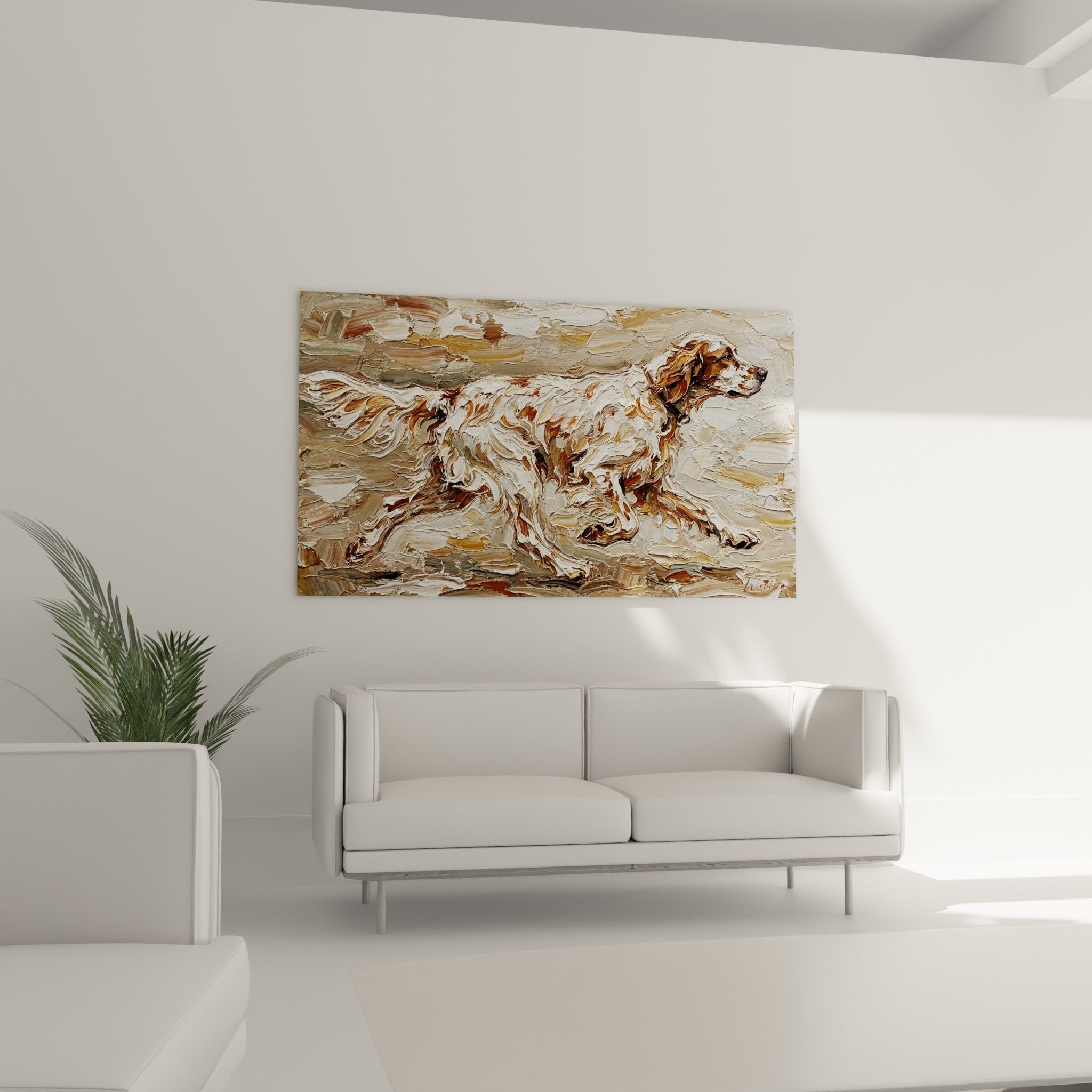 Détail technique picturale tableau chien, coups de pinceau expressifs, nuances ocre et blanc