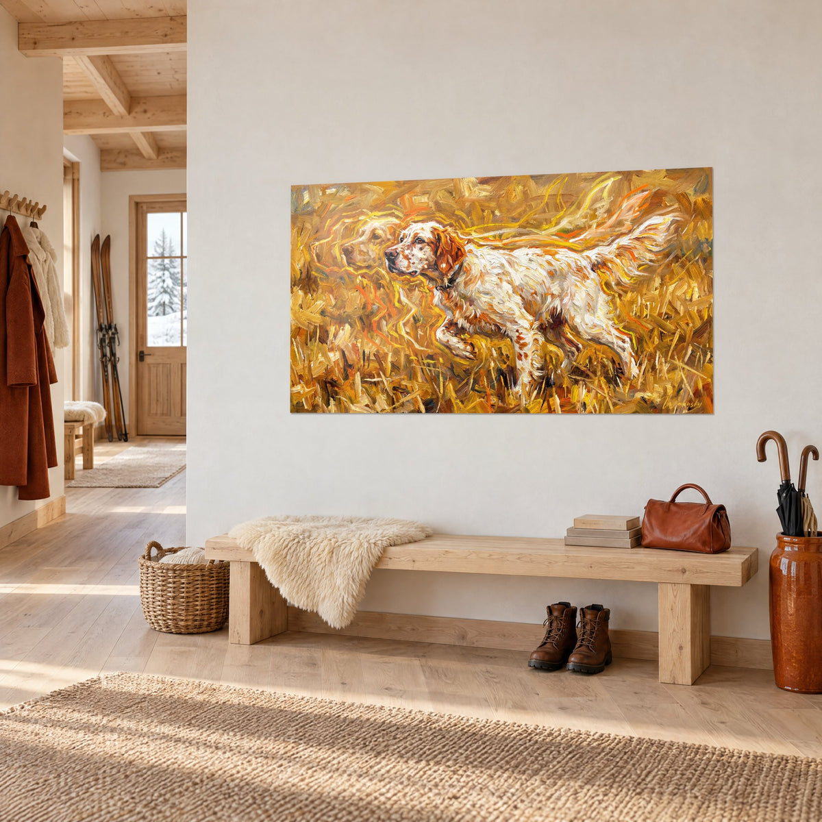 Wall art white and liver hunting dog with copper ear, yellow meadow with bold brushstrokes, on a light chalet wall