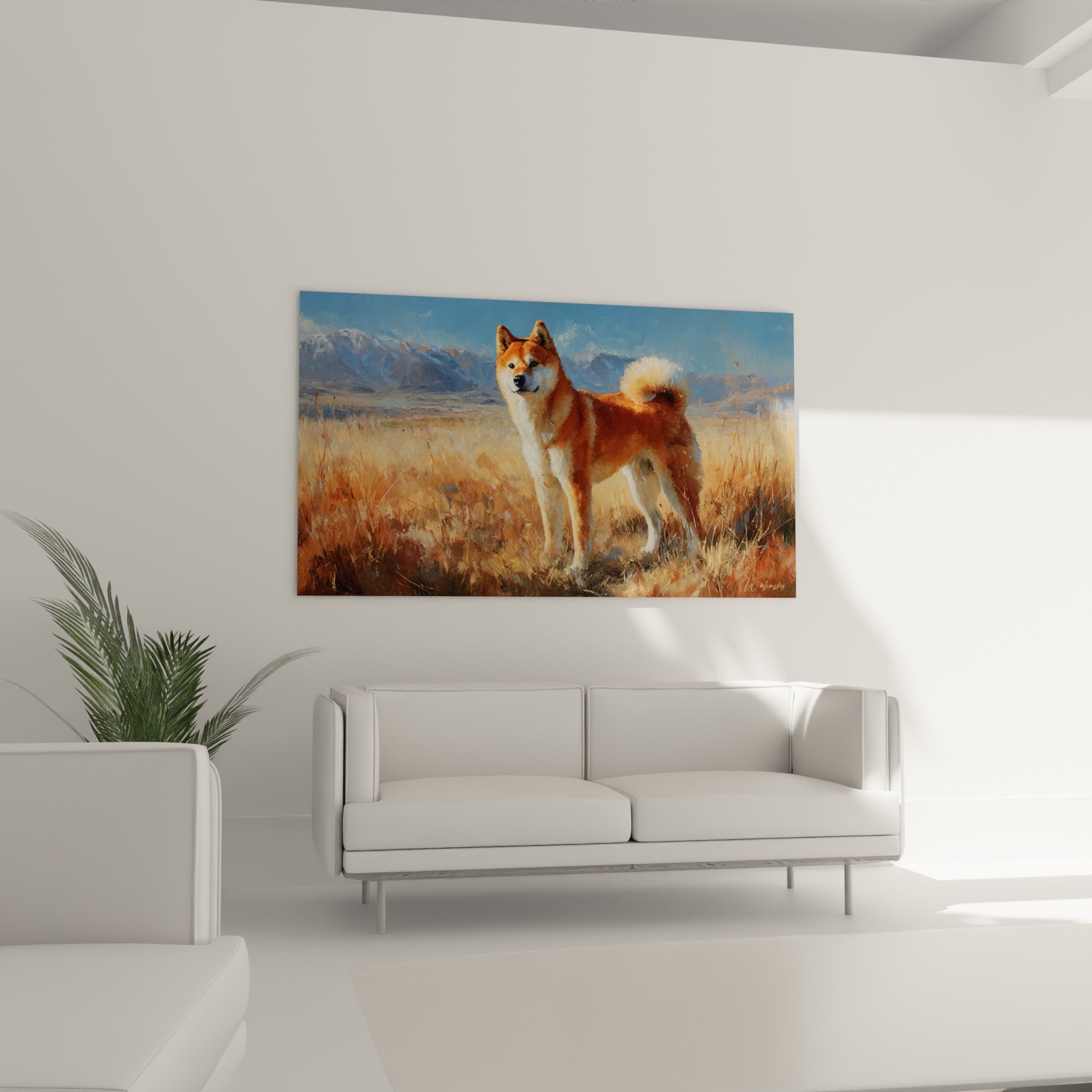 Détail rapproché peinture Shiba Inu robe rousse et blanche herbes dorées texture réaliste