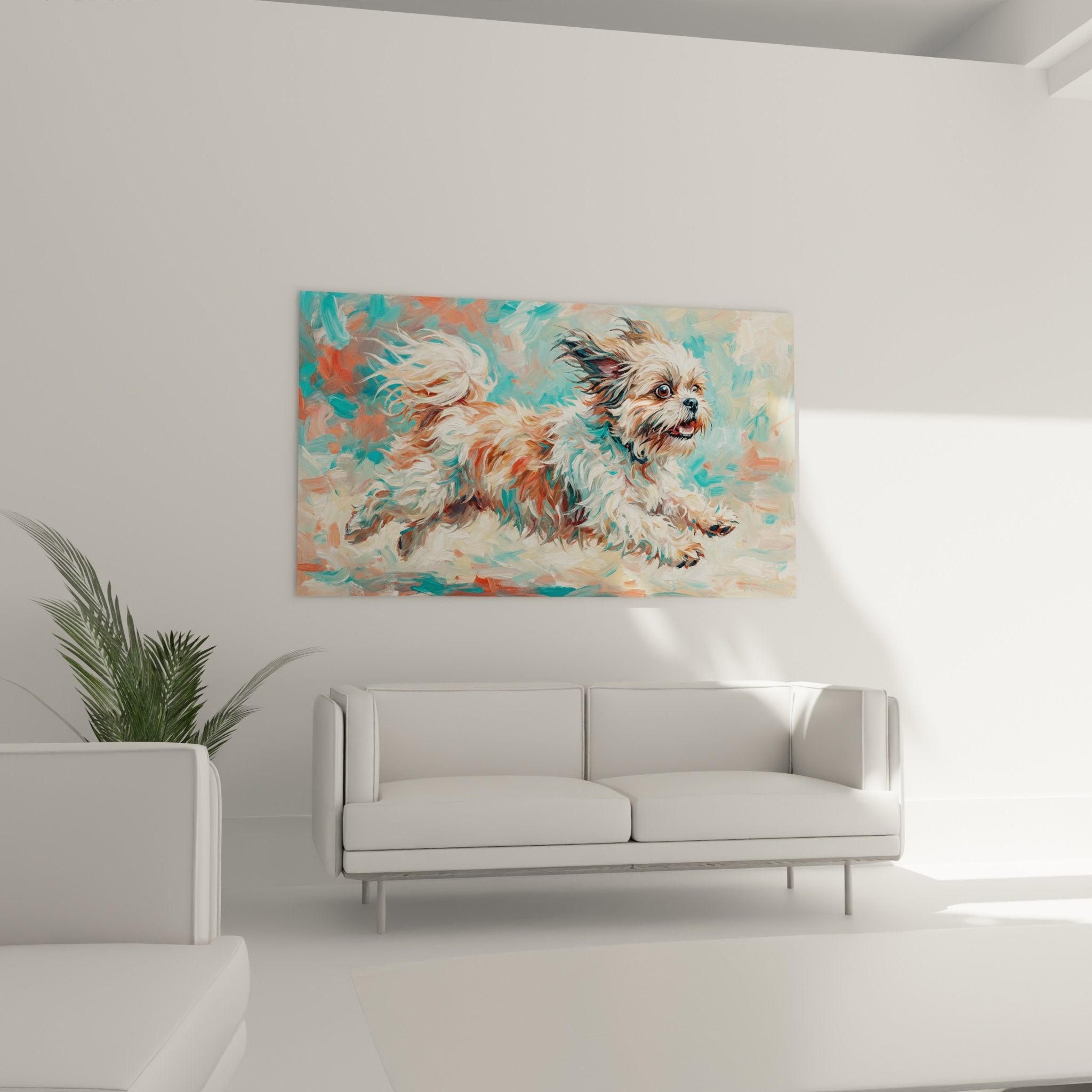 Détail rapproché peinture Shih Tzu technique expressionniste coups pinceau visibles pelage doré blanc