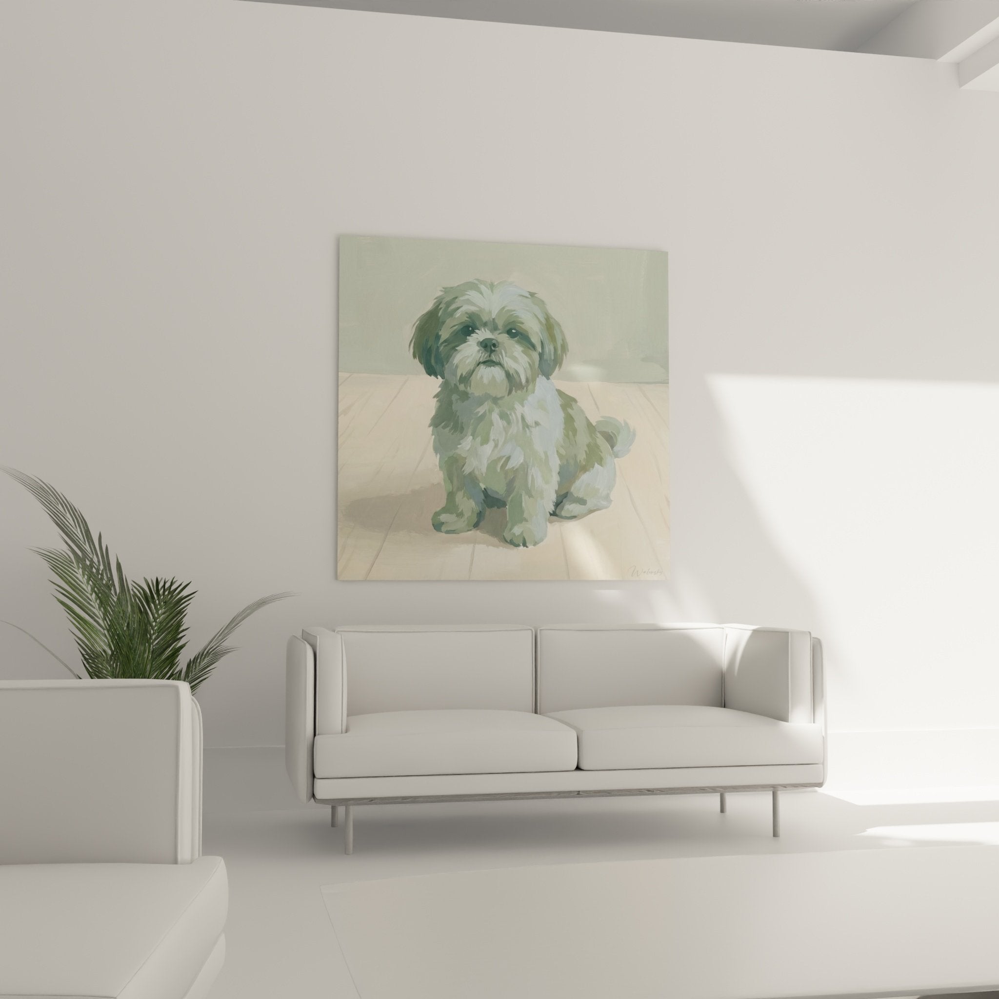 Dettaglio dipinto Shih Tzu tecnica pennellata libera mantello sfumature pastello espressivo