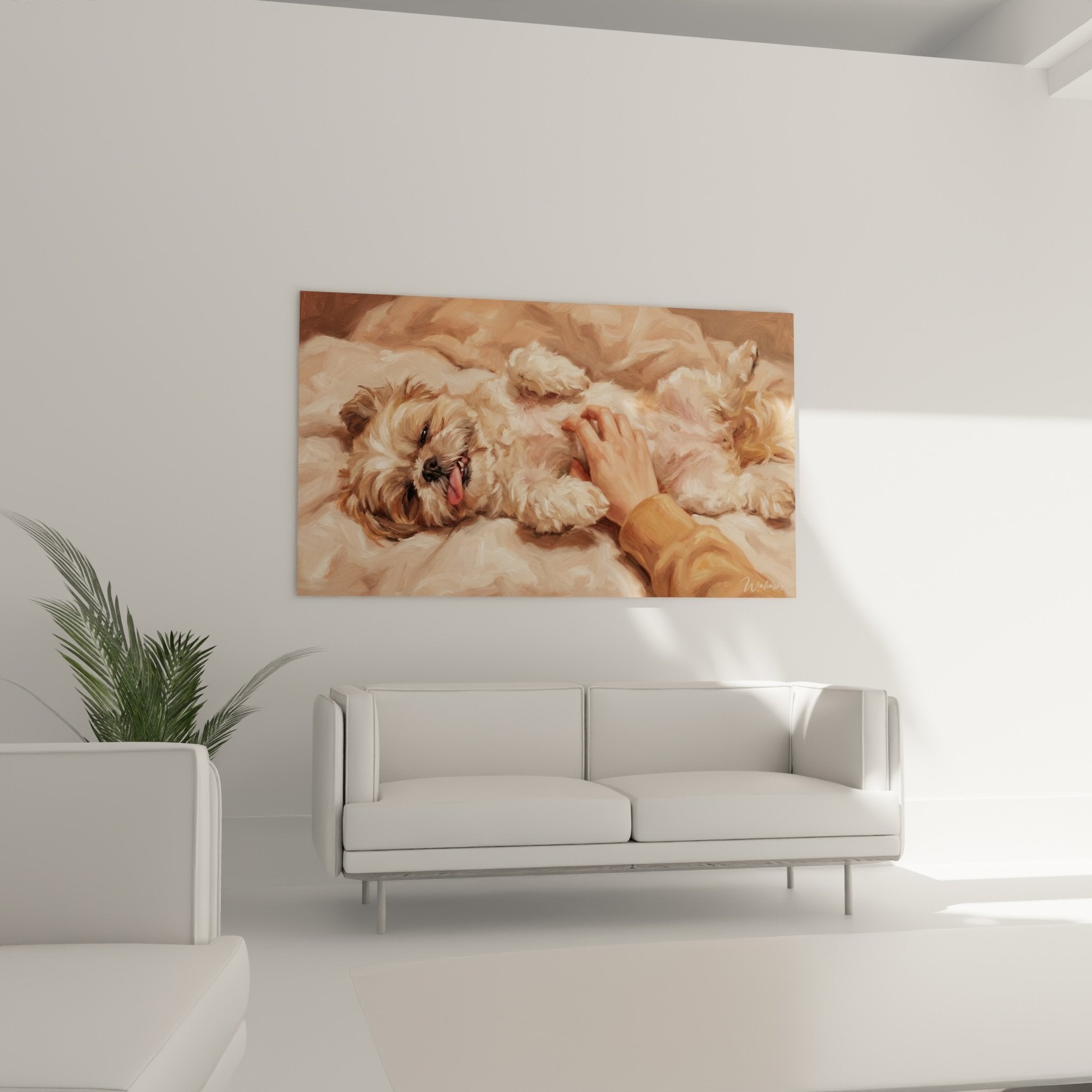 Dettaglio dipinto manto Shih Tzu bianco crema texture setosa mano carezzevole toni naturali