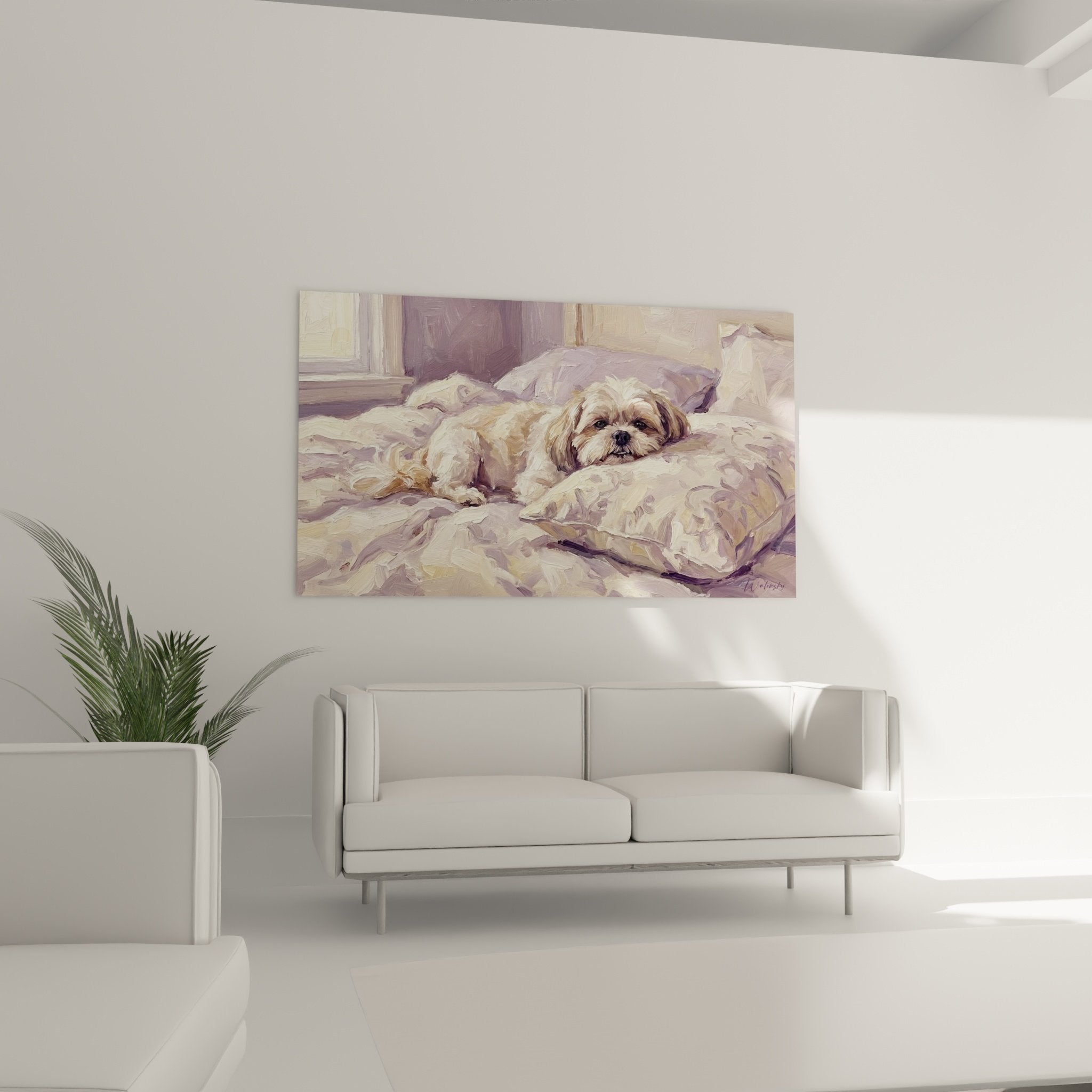 Détail peinture Shih Tzu pelage doré texture pinceau expressif sur literie lavande et parme