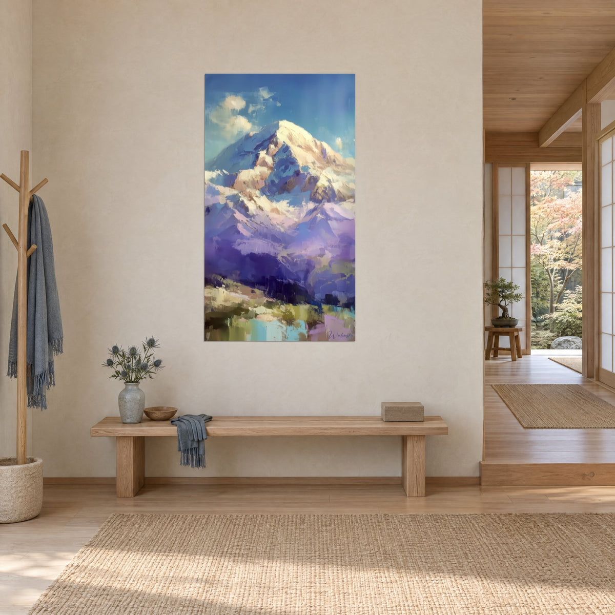 Wall art icy mountain massif in mauve and ivory palette-knife strokes, white clouds against blue sky, in a Japandi hallway