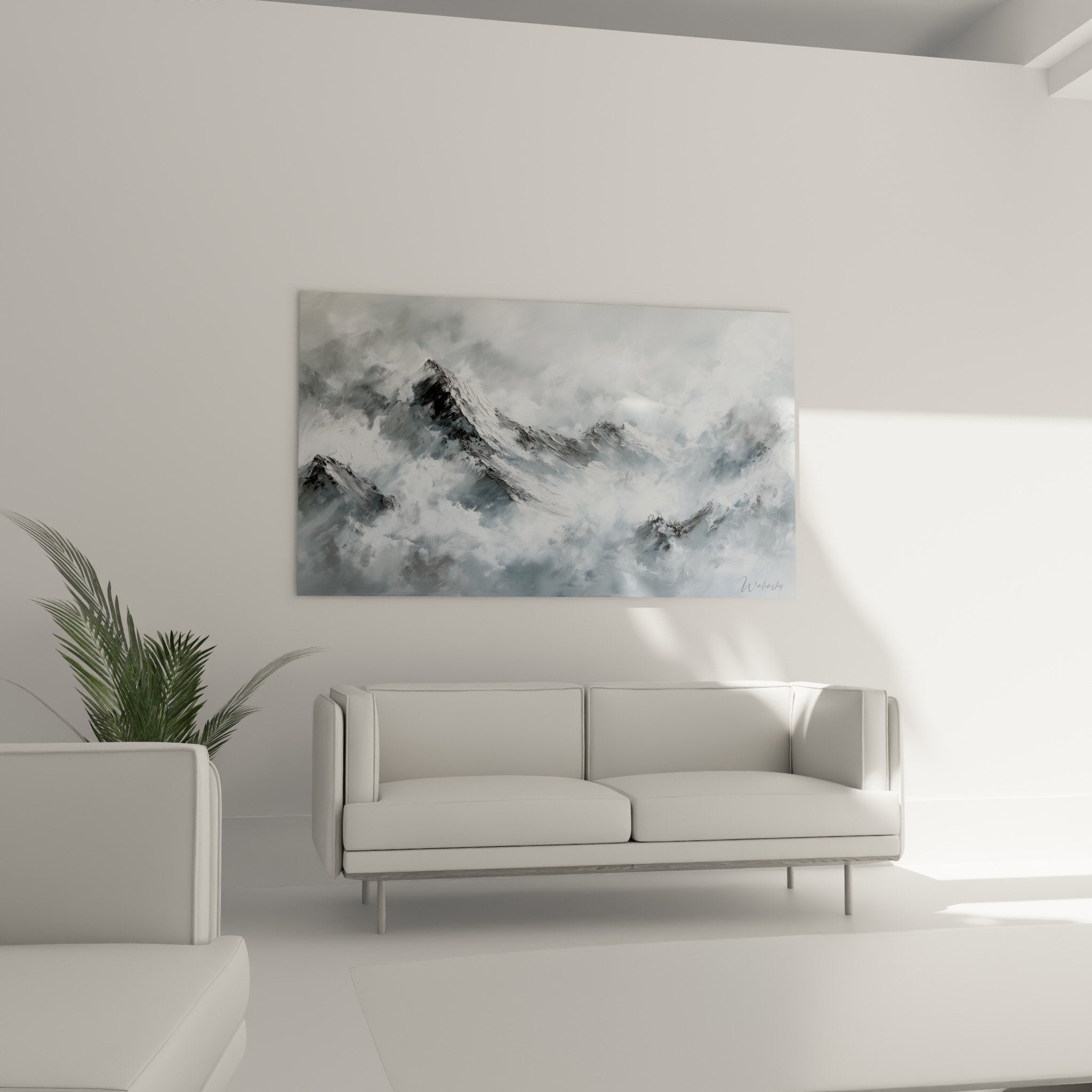 Detail peinture sommets rocheux neige texture nuances gris blanc feng shui ouest metal
