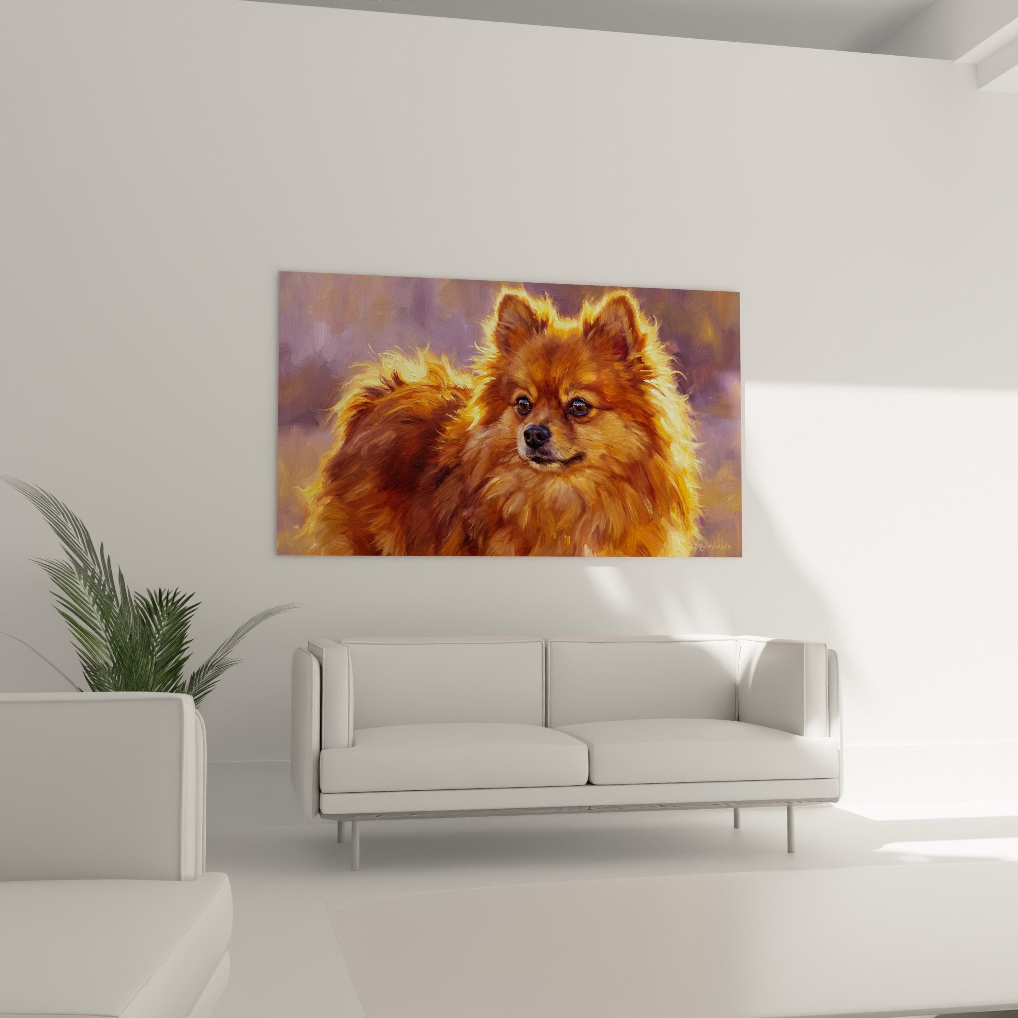 Détail portrait Spitz Poméranien peinture reflets dorés pelage roux technique artistique