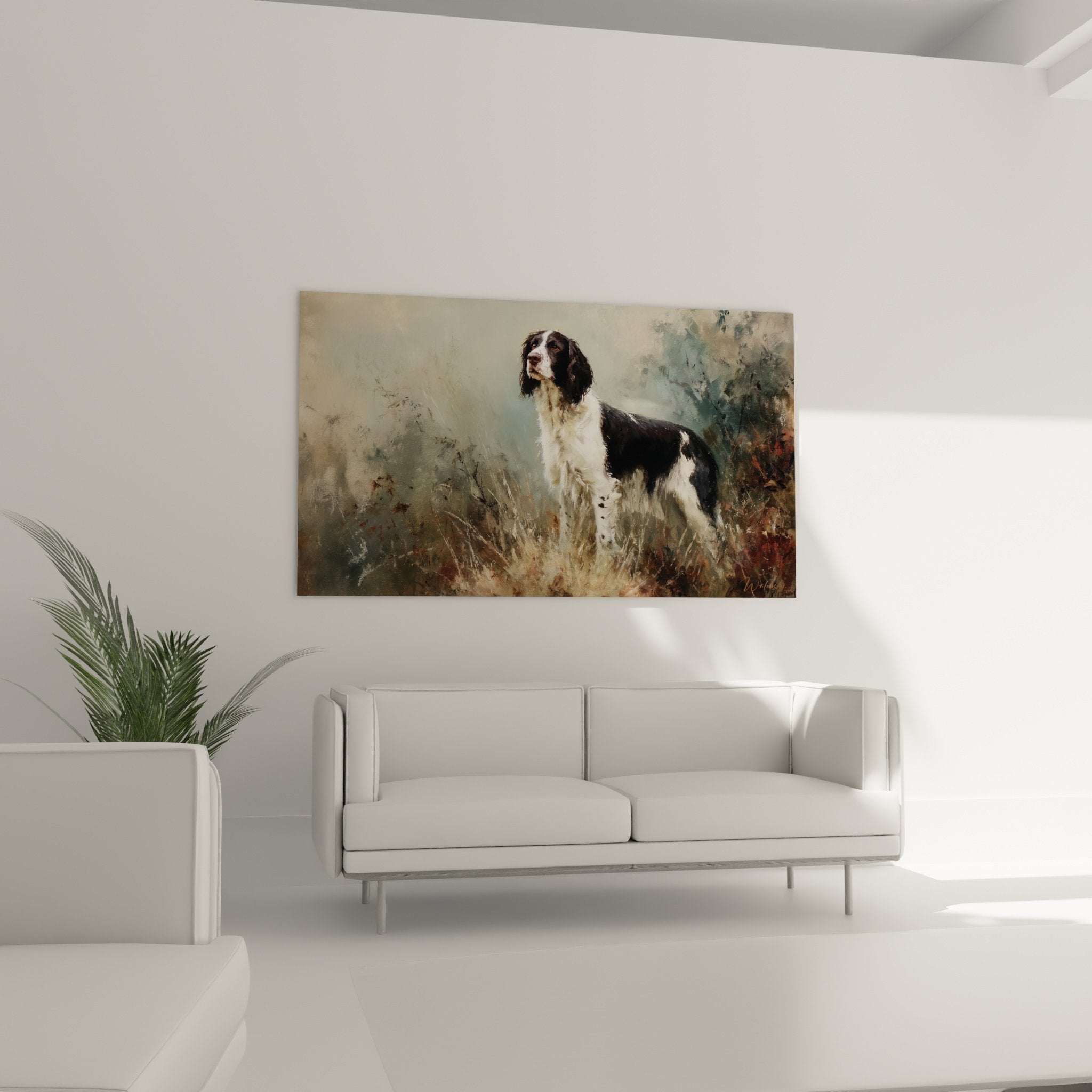 Détail peinture Springer Anglais regard intense pelage noir blanc technique picturale expressive