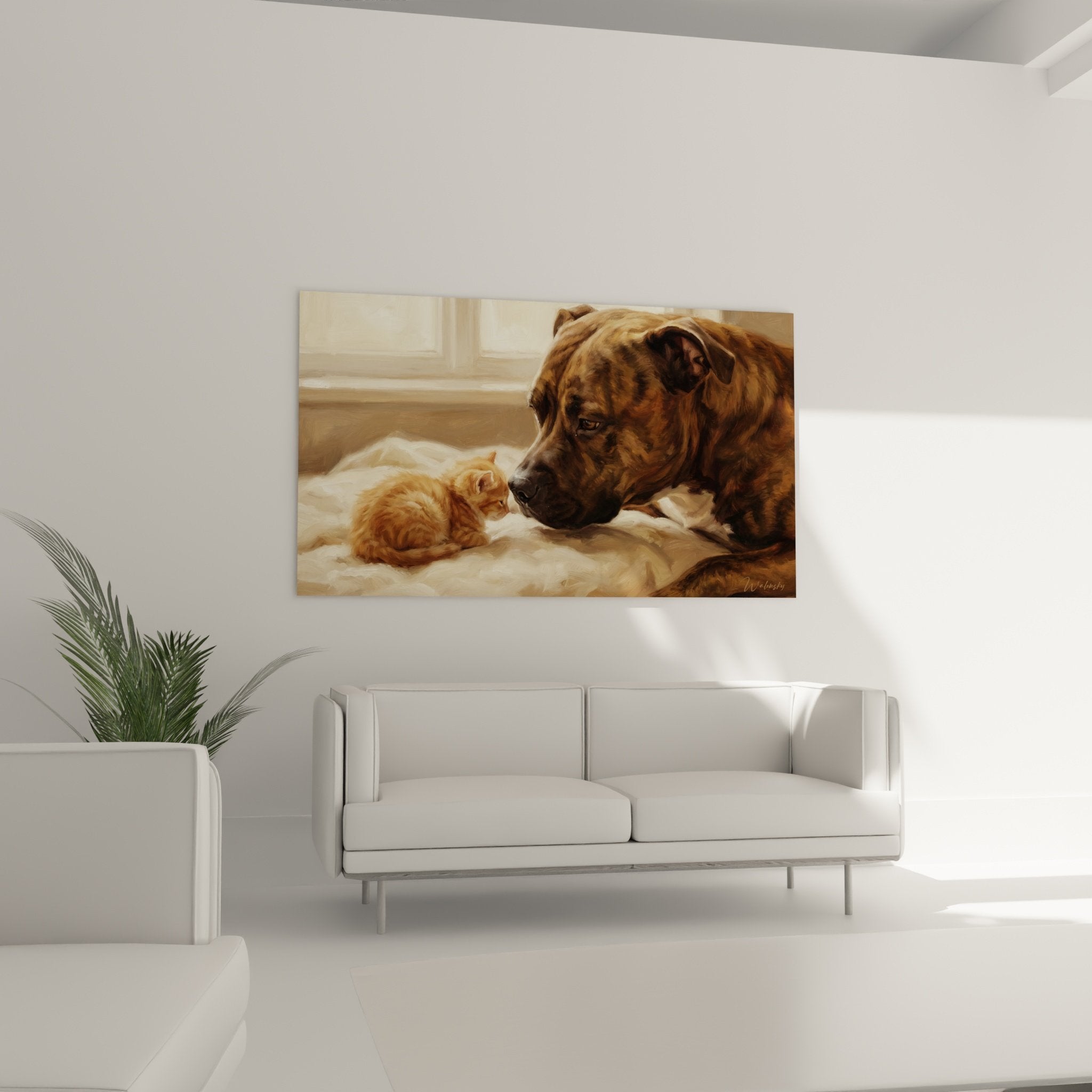 Detail peinture realiste pelage bringé staffordshire bull terrier et fourrure rousse chaton textures fines