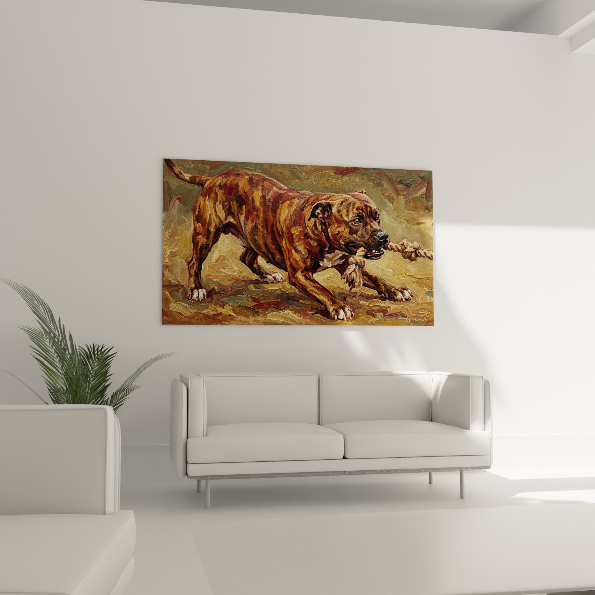 Dettaglio dipinto Staffordshire Bull Terrier, pennellate espressive, texture del mantello tigrato visibile