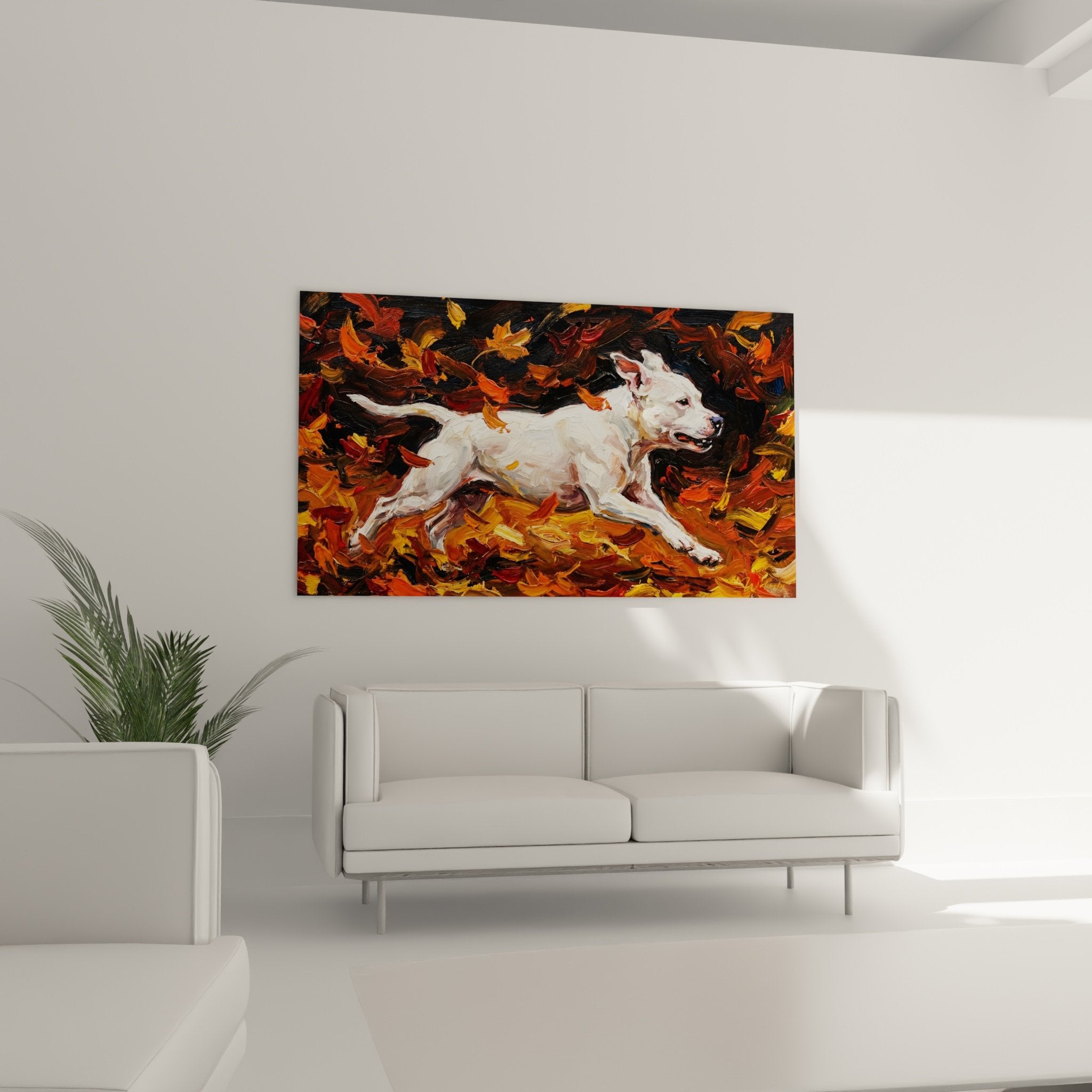 Dettaglio della pittura Staffordshire Bull Terrier bianco con pennellate espressive foglie autunnali arancioni