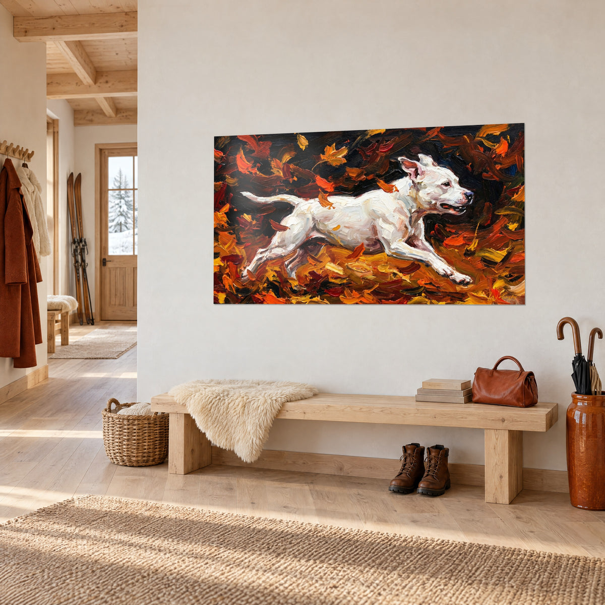 Quadro di uno Staffordshire immacolato lanciato in un turbinio di arancio e bordeaux su fondo nero, panca di legno in uno chalet