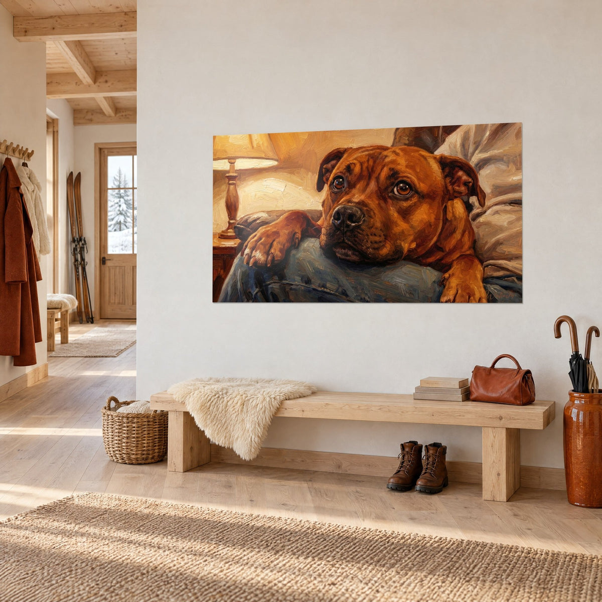 Quadro di un bulldog mogano dallo sguardo tenero, zampa con artigli su una coscia di jeans, lampada ocra, parete bianca di uno chalet vista di tre quarti