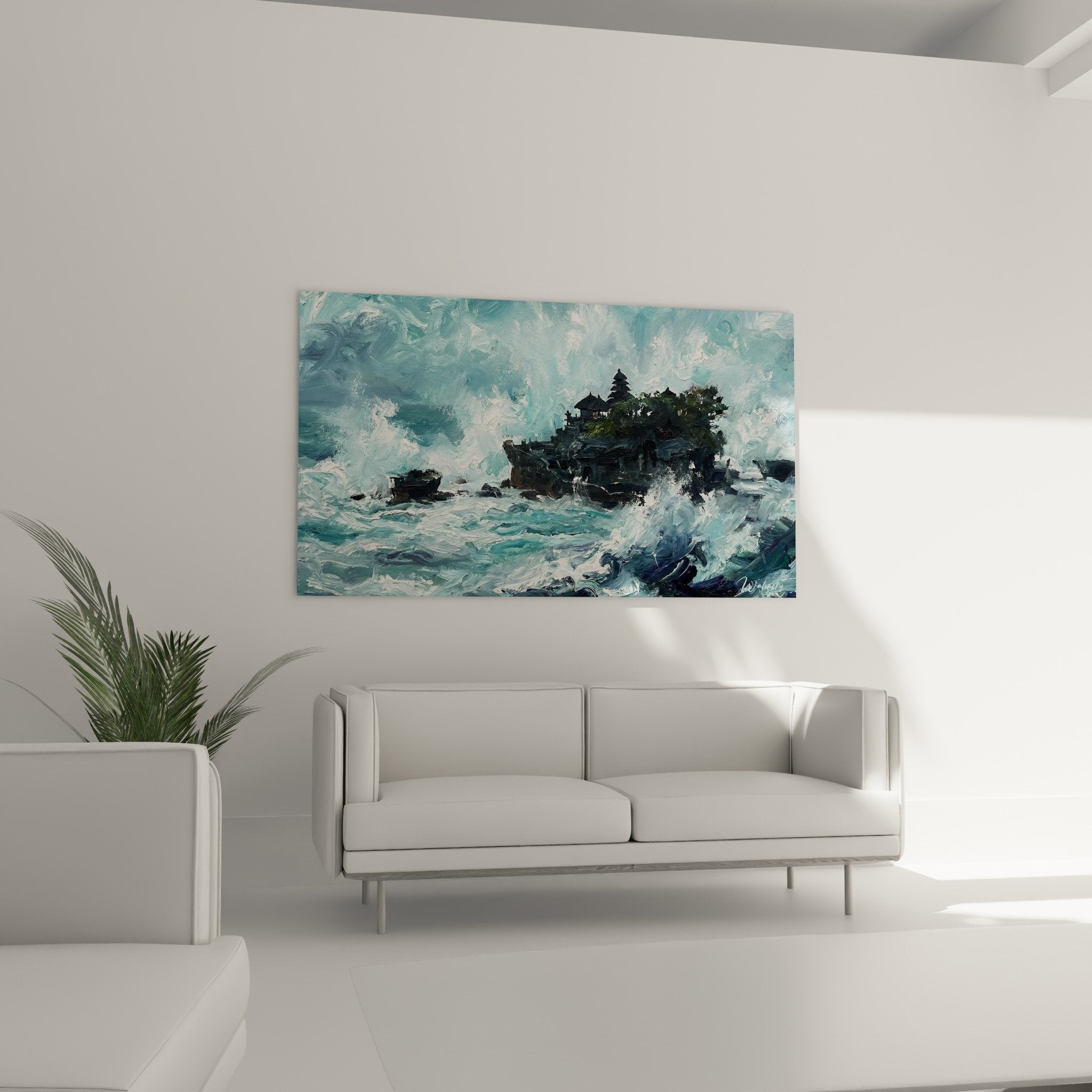 Détail peinture temple Bali, coups de pinceau expressifs, vagues turquoise et blanc, technique picturale