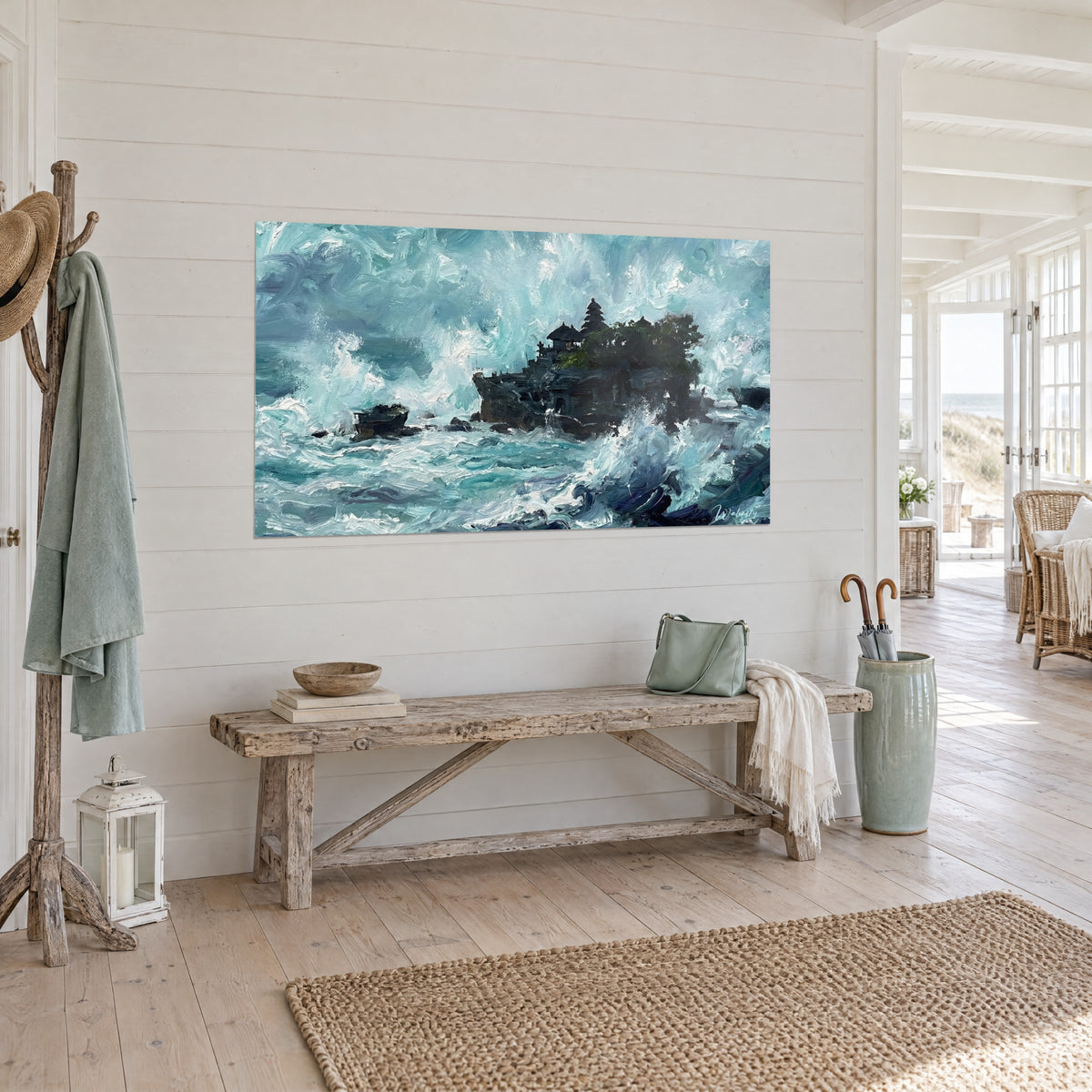 Wall art stacked-roof pagoda surrounded by blue-green and white foam sprays, on a paneled wall, seaside house