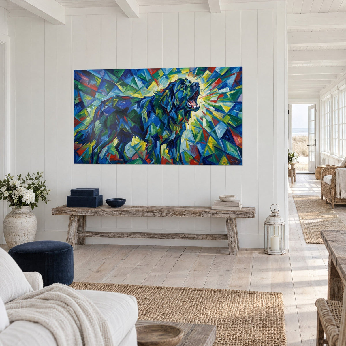 Tableau Terre-Neuve de profil en facettes cobalt et émeraude, rayons jaune citron autour du museau, vu de trois quarts, maison de bord de mer