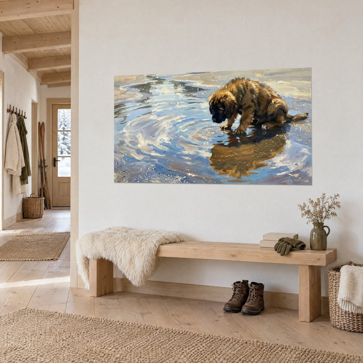 Gemälde eines jungen Hundes mit fuchsrotem Fell, der sein bernsteinfarbenes Spiegelbild in gletscherblauem Wasser betrachtet, Chaleteingang aus hellem Holz