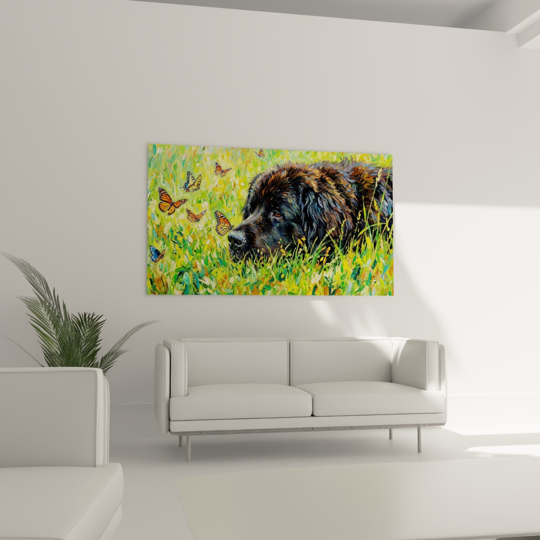Nahaufnahme Gemälde Neufundland braunes Fell Textur ausdrucksstarke Impasto sanfter Blick orange Schmetterlinge künstlerische Details