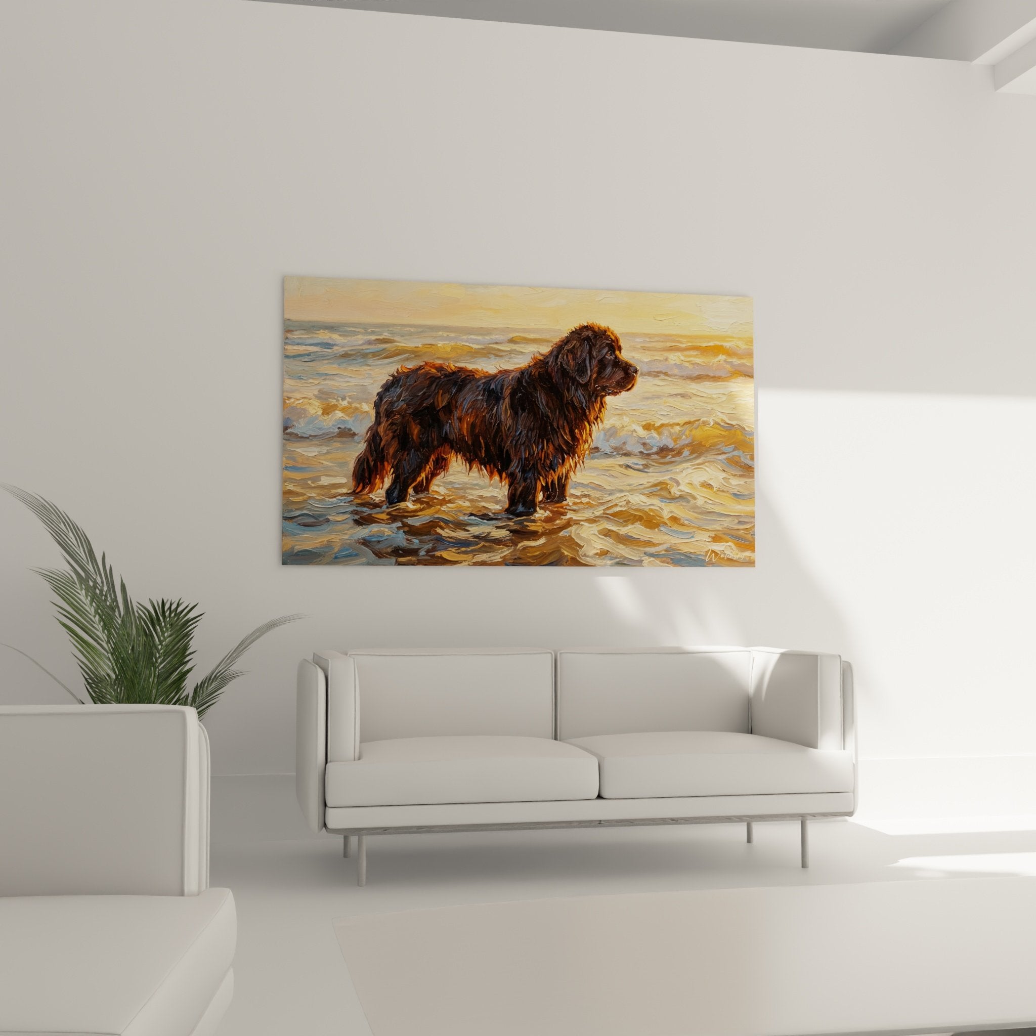 Détail peinture pelage Terre Neuve noir reflets cuivrés lumière dorée technique réaliste