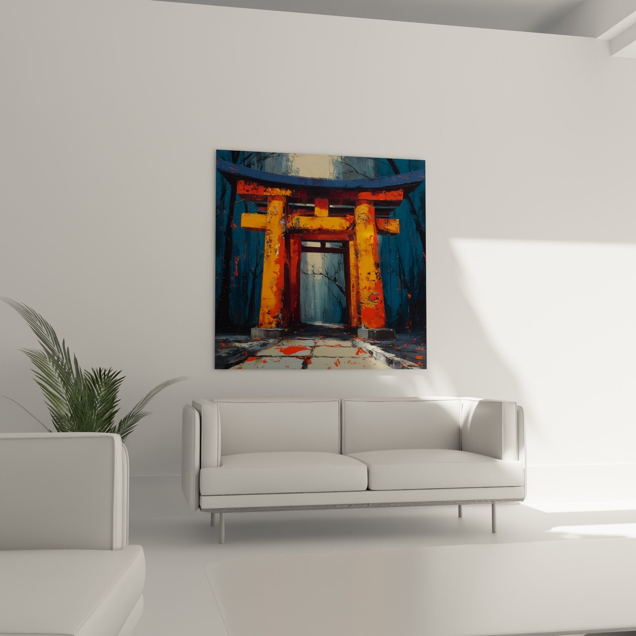 Détail peinture torii japonais technique empâtement couleurs orange rouge vermillon texture picturale