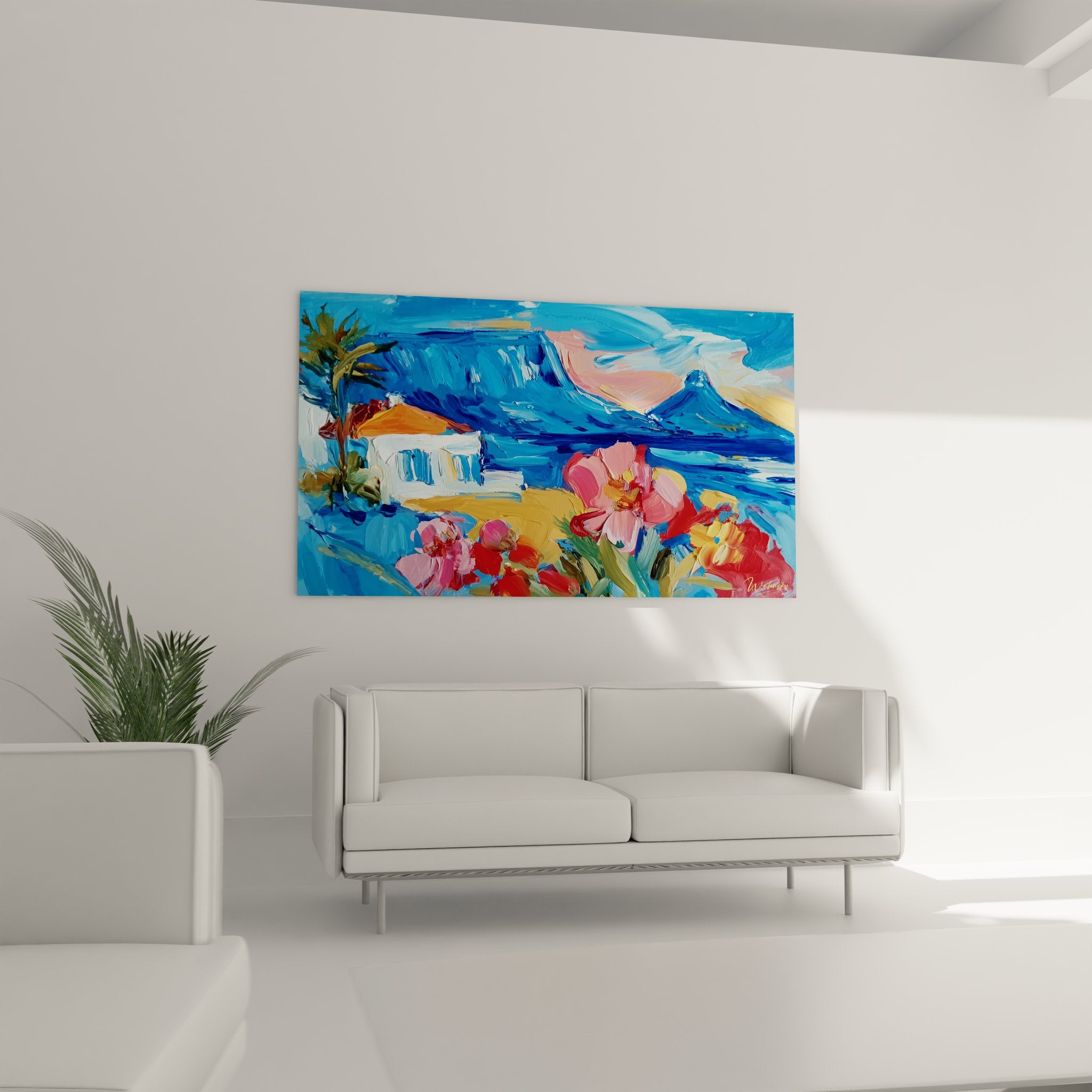 Détail gros plan peinture tropicale montagnes, technique empâtement fleurs roses expressives