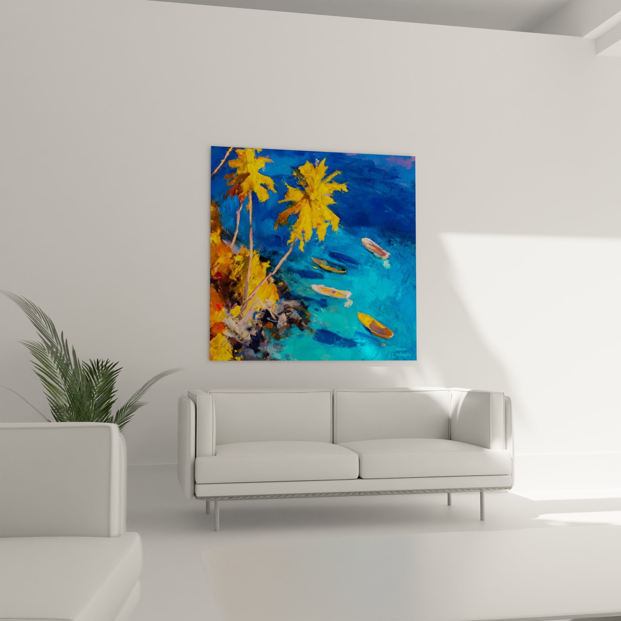 Détail peinture tropicale palmiers jaunes barques traditionnelles îles archipels exotiques