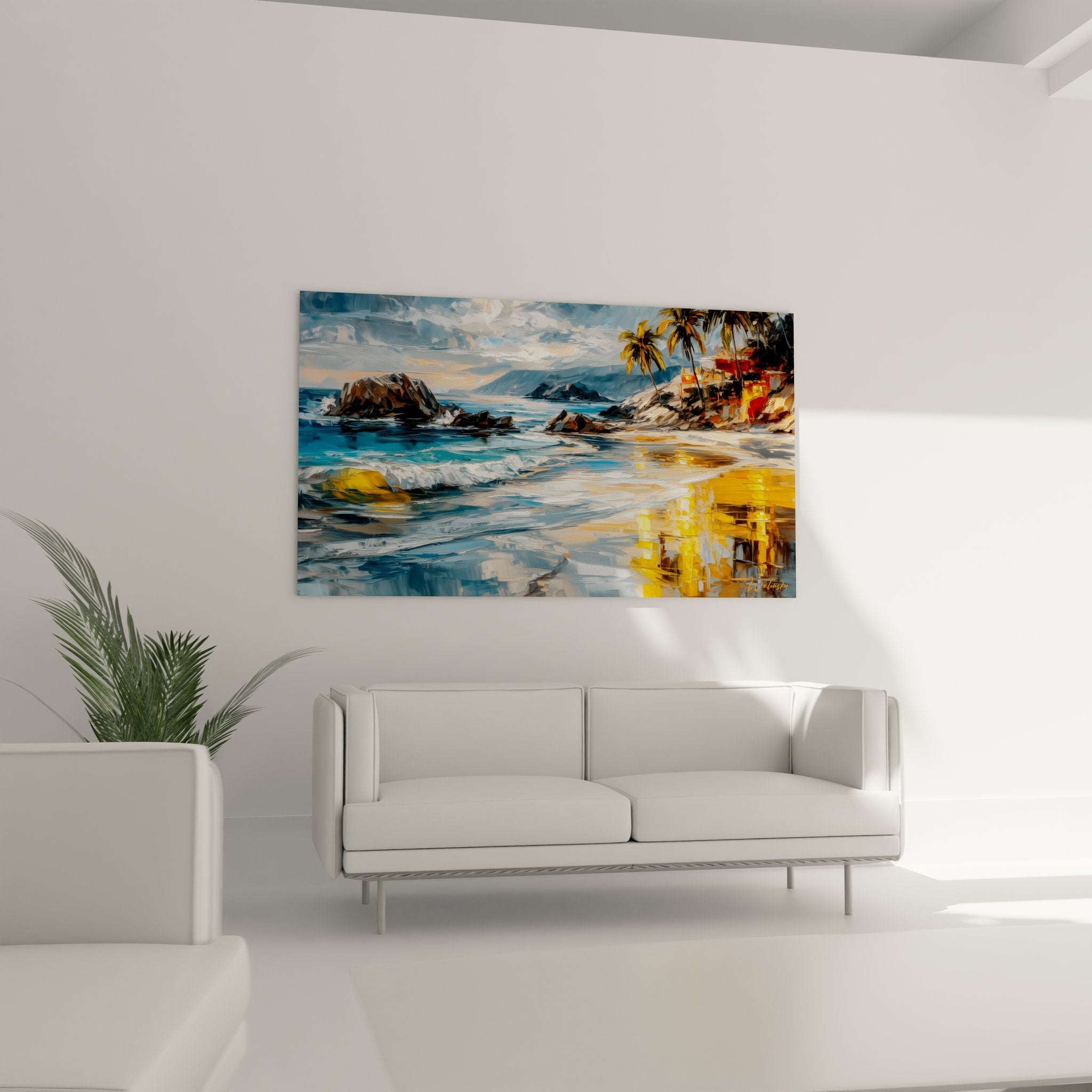 Détail gros plan tableau tropical montrant technique picturale reflets dorés et textures vagues océan