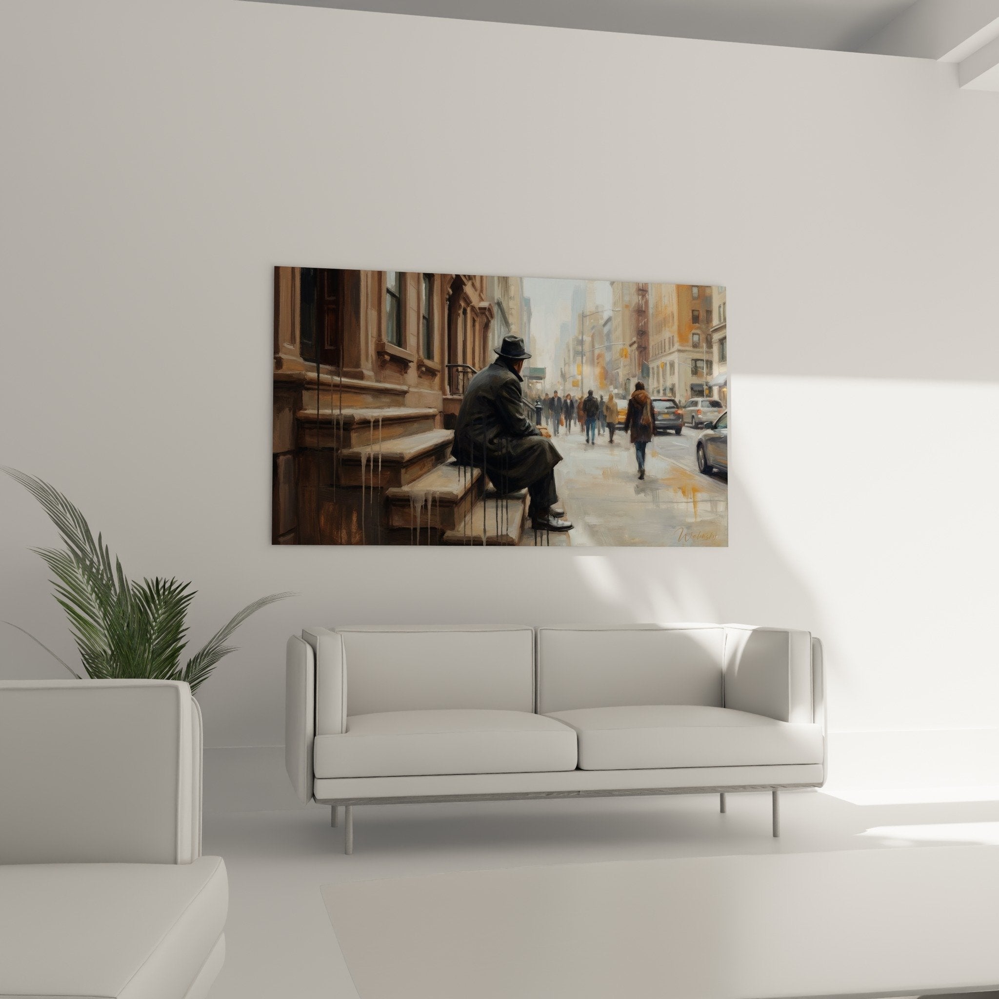 Detail tableau peinture urbaine homme chapeau manteau reflets sol mouille scene rue Le Bronx