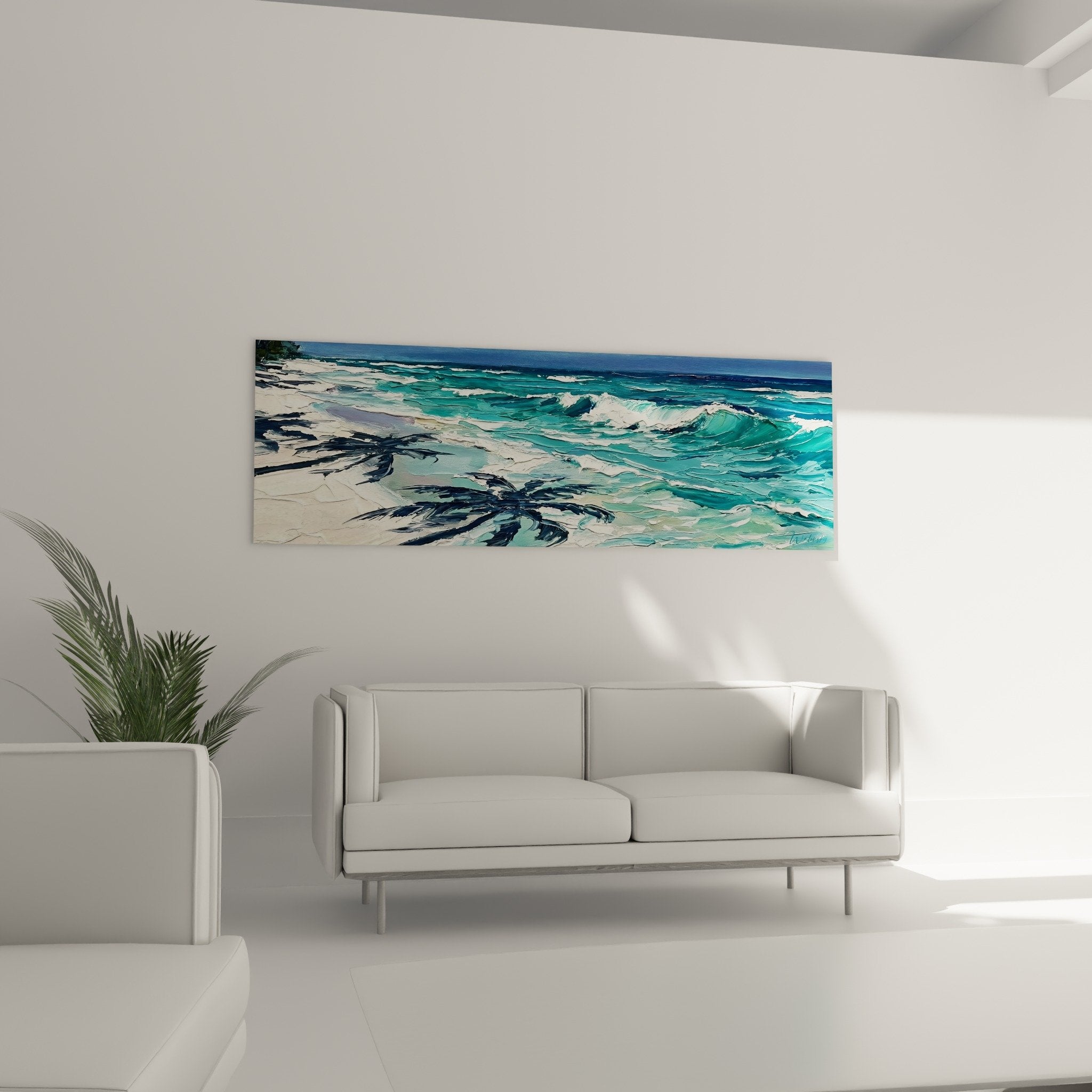 Detail peinture vagues turquoise empâtements ocean tropical style artistique Bali