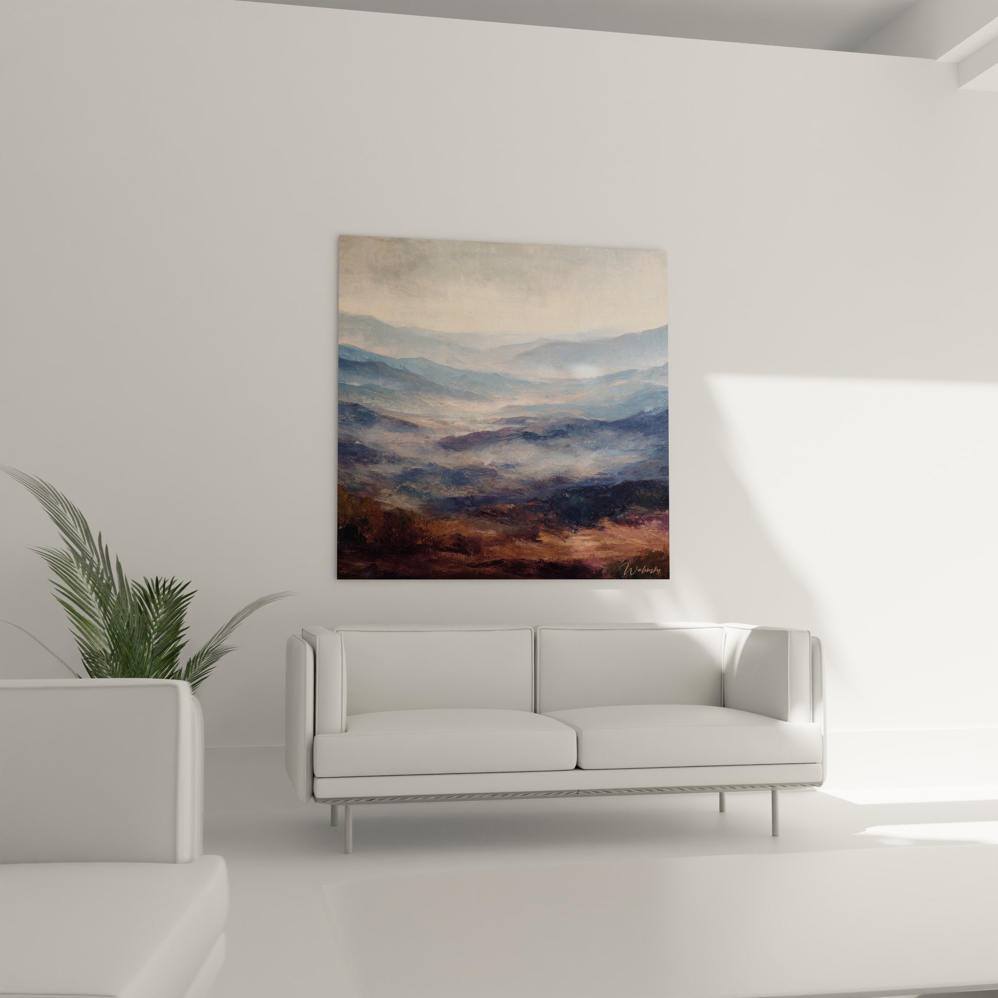 Détail tableau vallée montagneuse, technique pinceau brumes matinales, peinture paysage montagnard