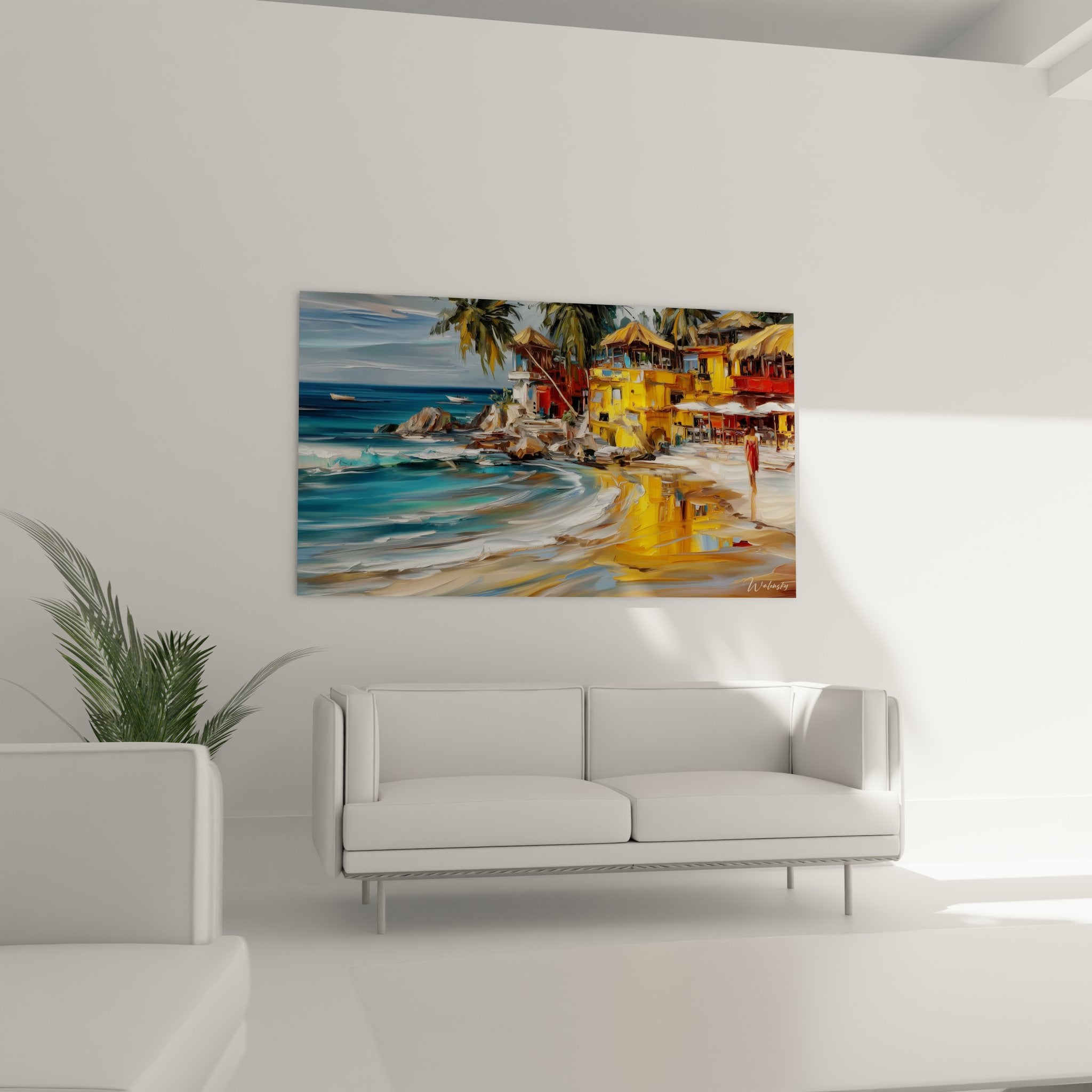 Détail tableau peinture village bord de mer, technique artistique coups de pinceau expressifs