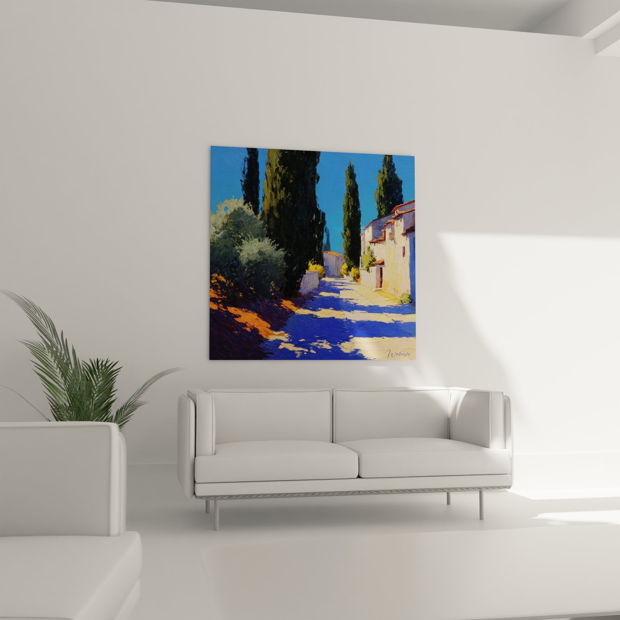 Détail peinture village campagne montrant technique impressionniste et jeu ombres lumières