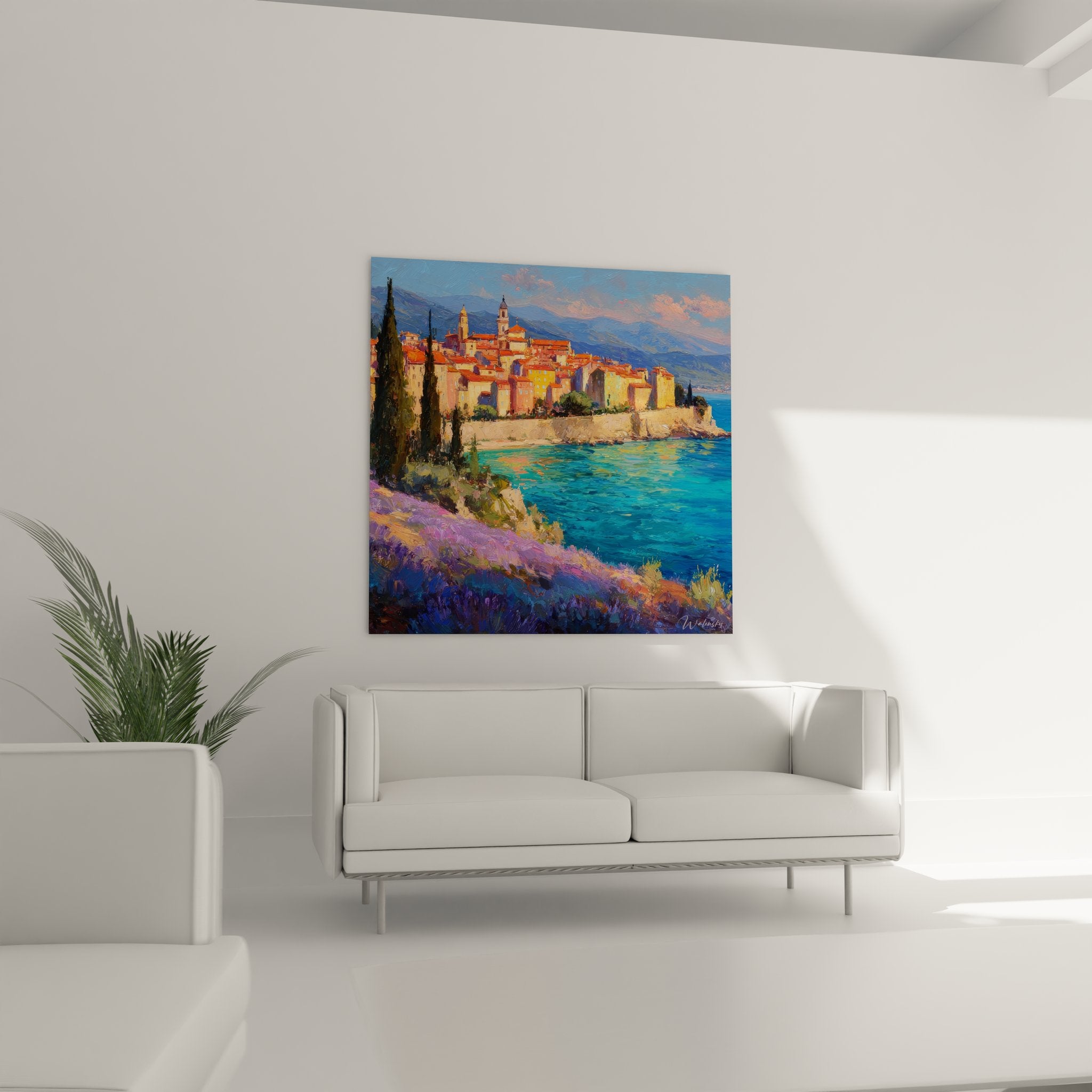 Détail tableau peinture village côtier - techniques artistiques et couleurs méditerranéennes