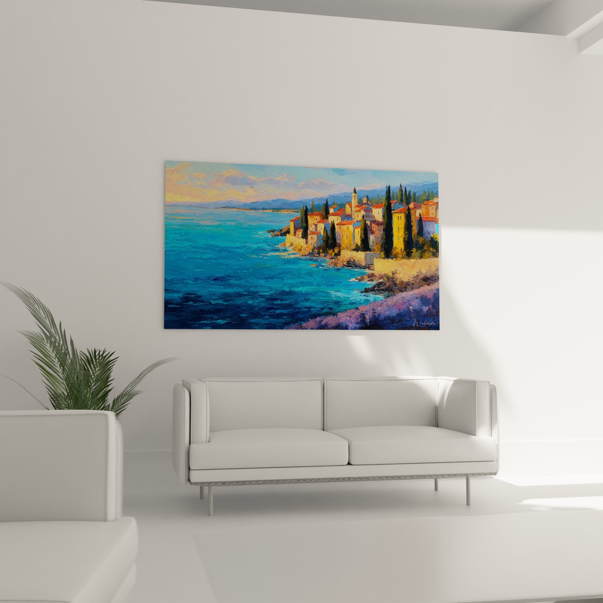 Détail peinture village côtier technique empâtement couleurs méditerranéennes