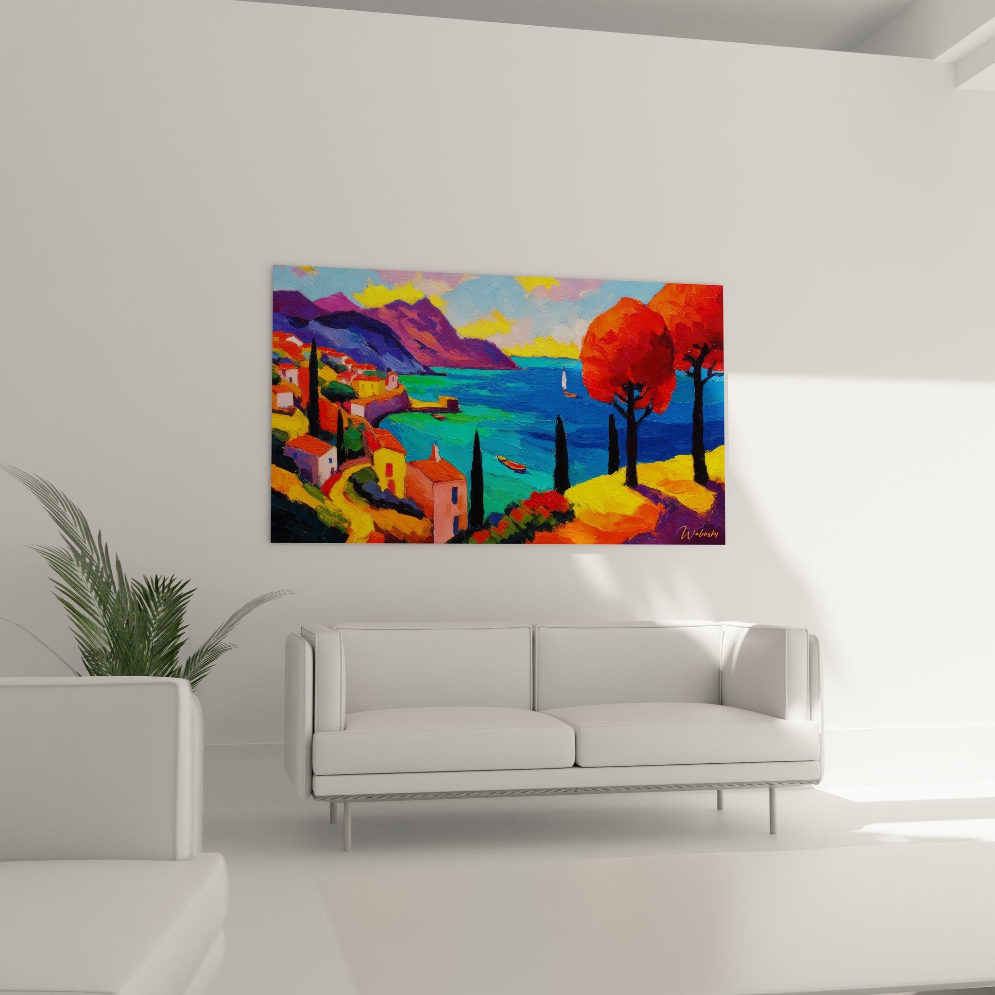 Détail peinture village méditerranéen montrant les empâtements et couleurs éclatantes