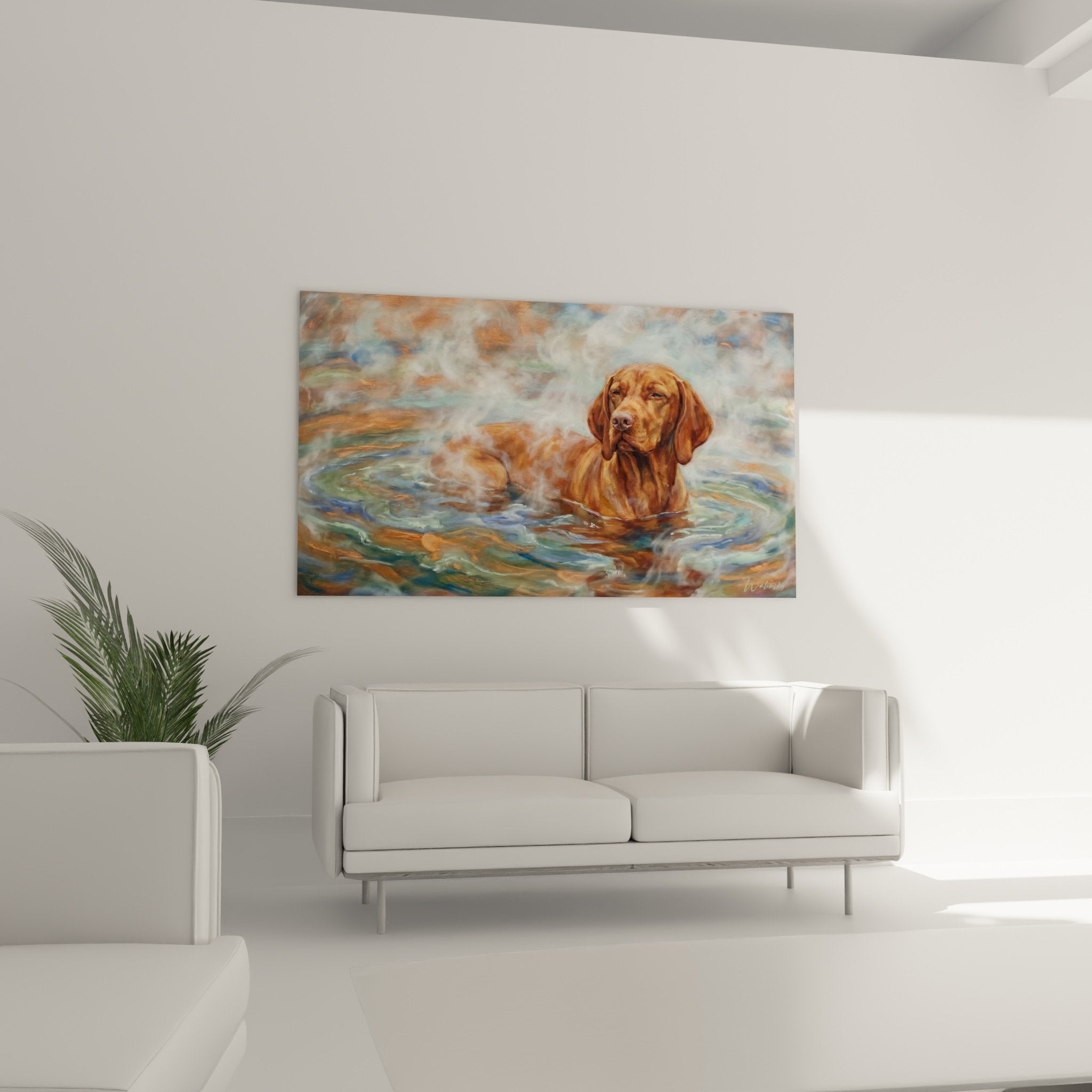 Détail rapproché peinture Vizsla dans eau, reflets irisés et nuances rousses du pelage, technique picturale