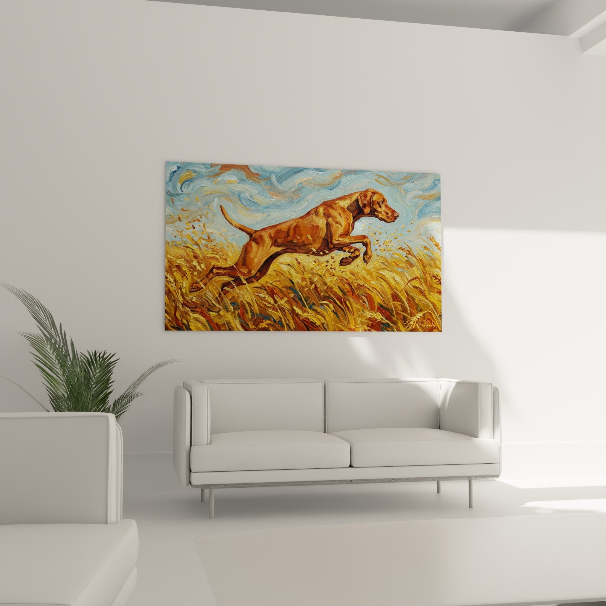 Détail peinture Vizsla roux cuivré texture coups pinceau visible style Van Gogh pelage nuances dorées