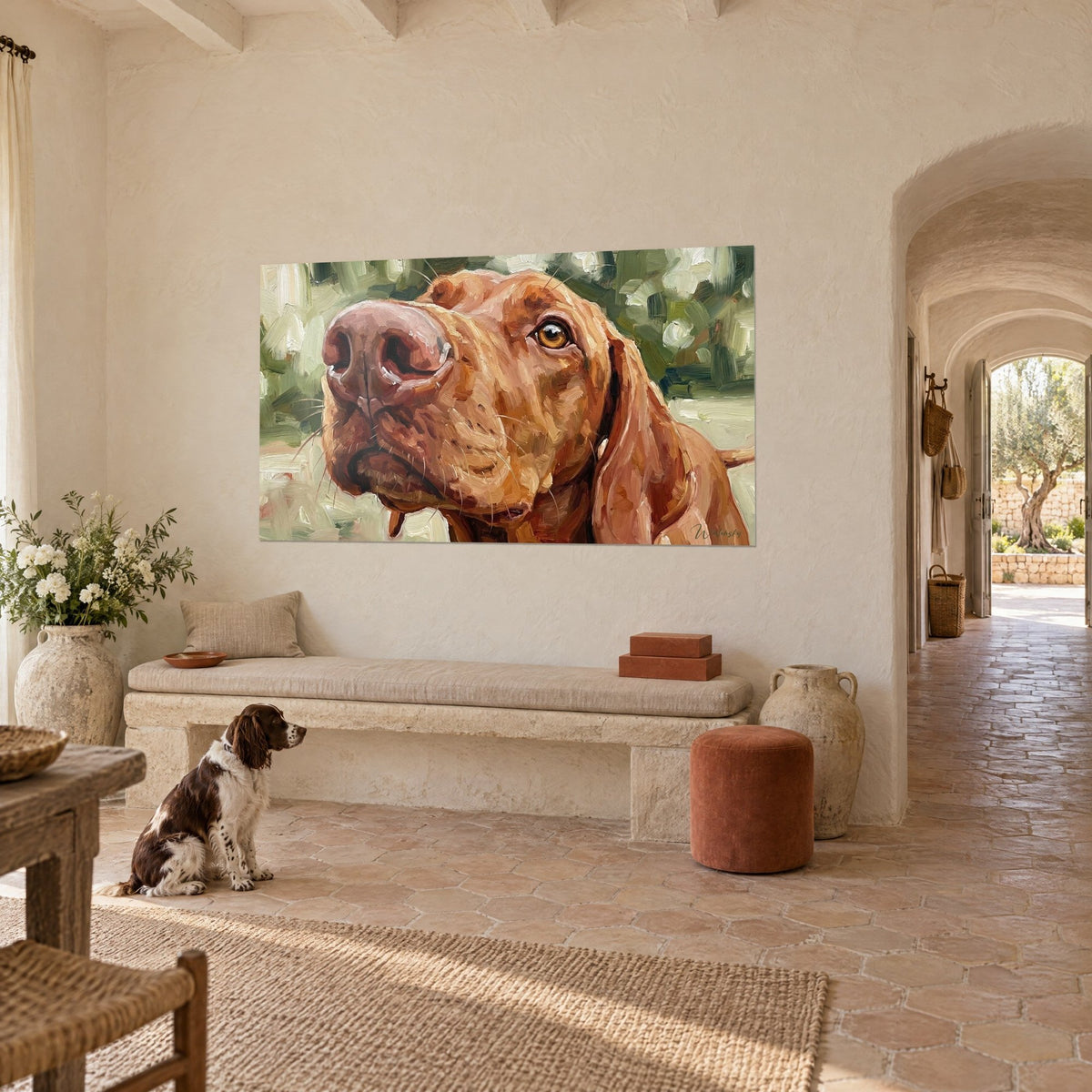 Quadro ritratto di cane color rame, orecchio cadente e baffi sottili, sfondo verde tenue, parete bianca di un mas provenzale