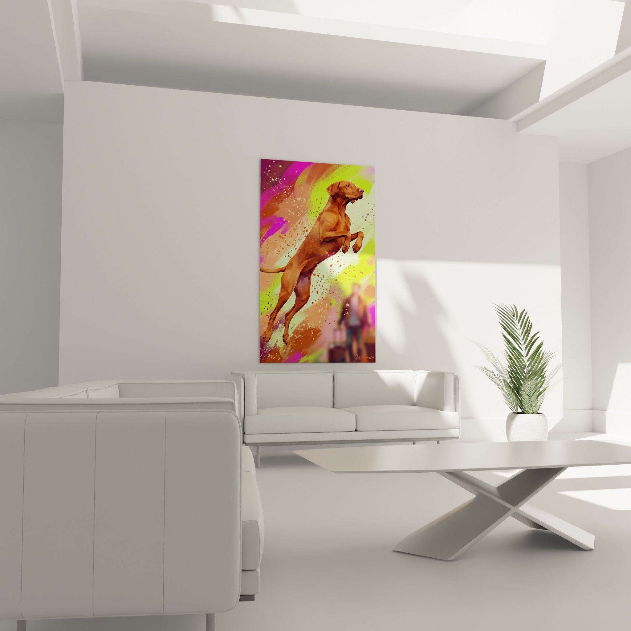 Detail peinture chien vizsla texture eclaboussures couleurs fluorescentes technique mixte