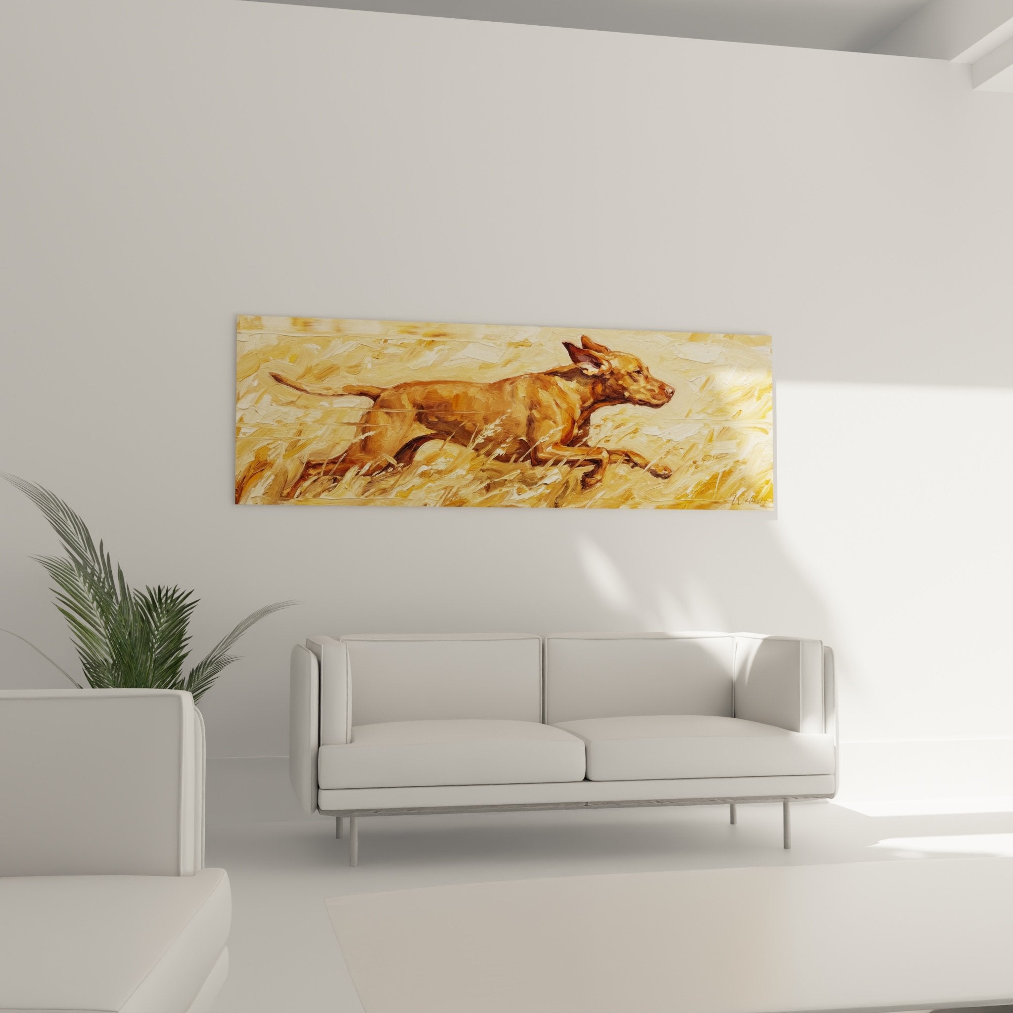 Detail peinture Vizsla course texture coups pinceau dynamiques tons cuivres dores technique picturale