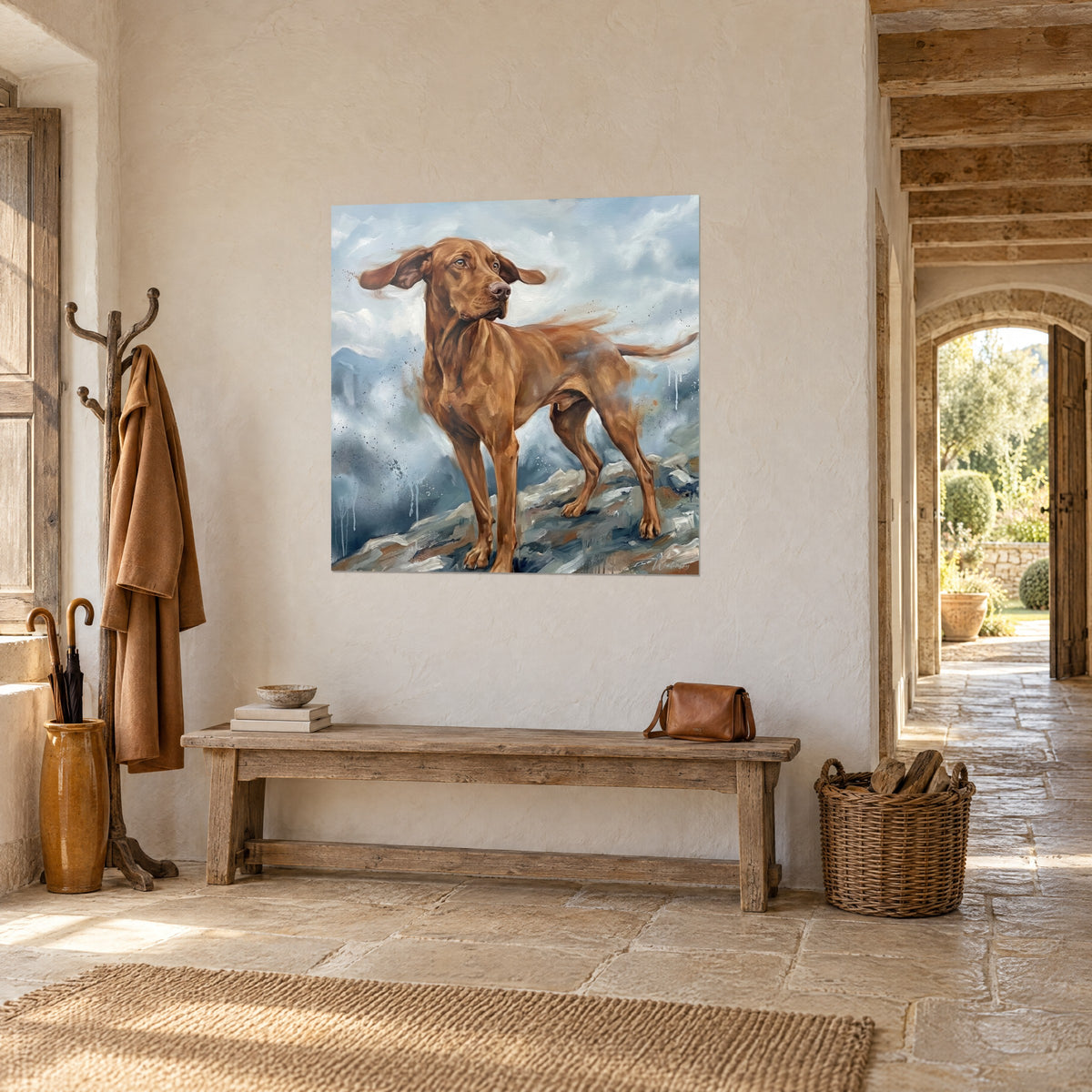 Quadro cane da caccia color mogano, orecchie sollevate dal vento, sfondo blu acciaio spruzzato, in una casa di pietra