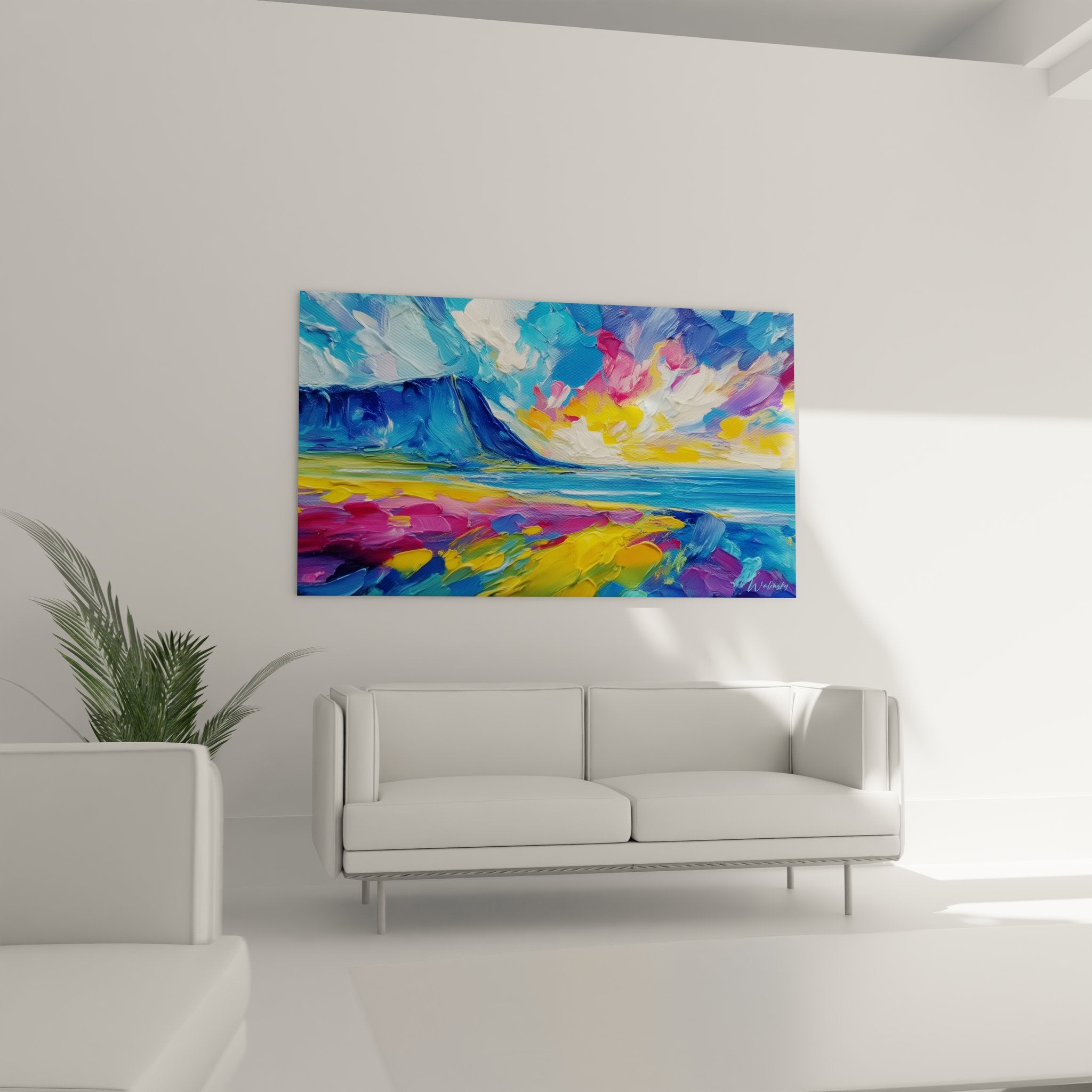 Détail tableau volcan arc-en-ciel, texture peinture éruption volcanique colorée