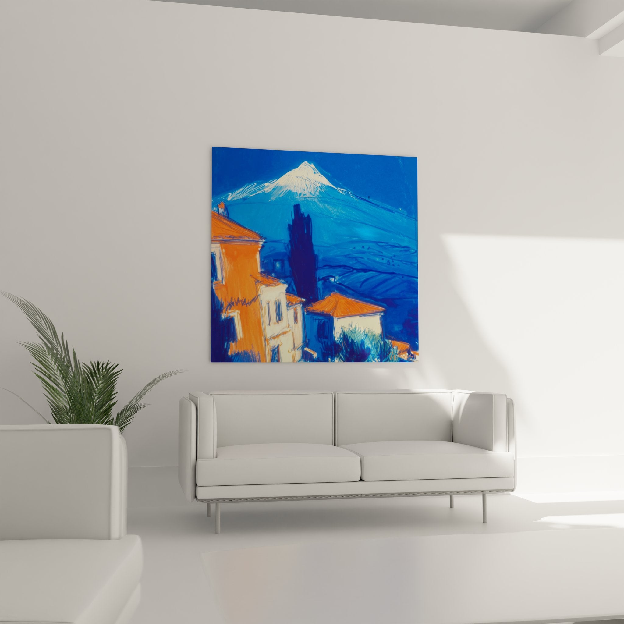 Détail gros plan tableau volcanique montrant technique peinture et couleurs vives méditerranéennes