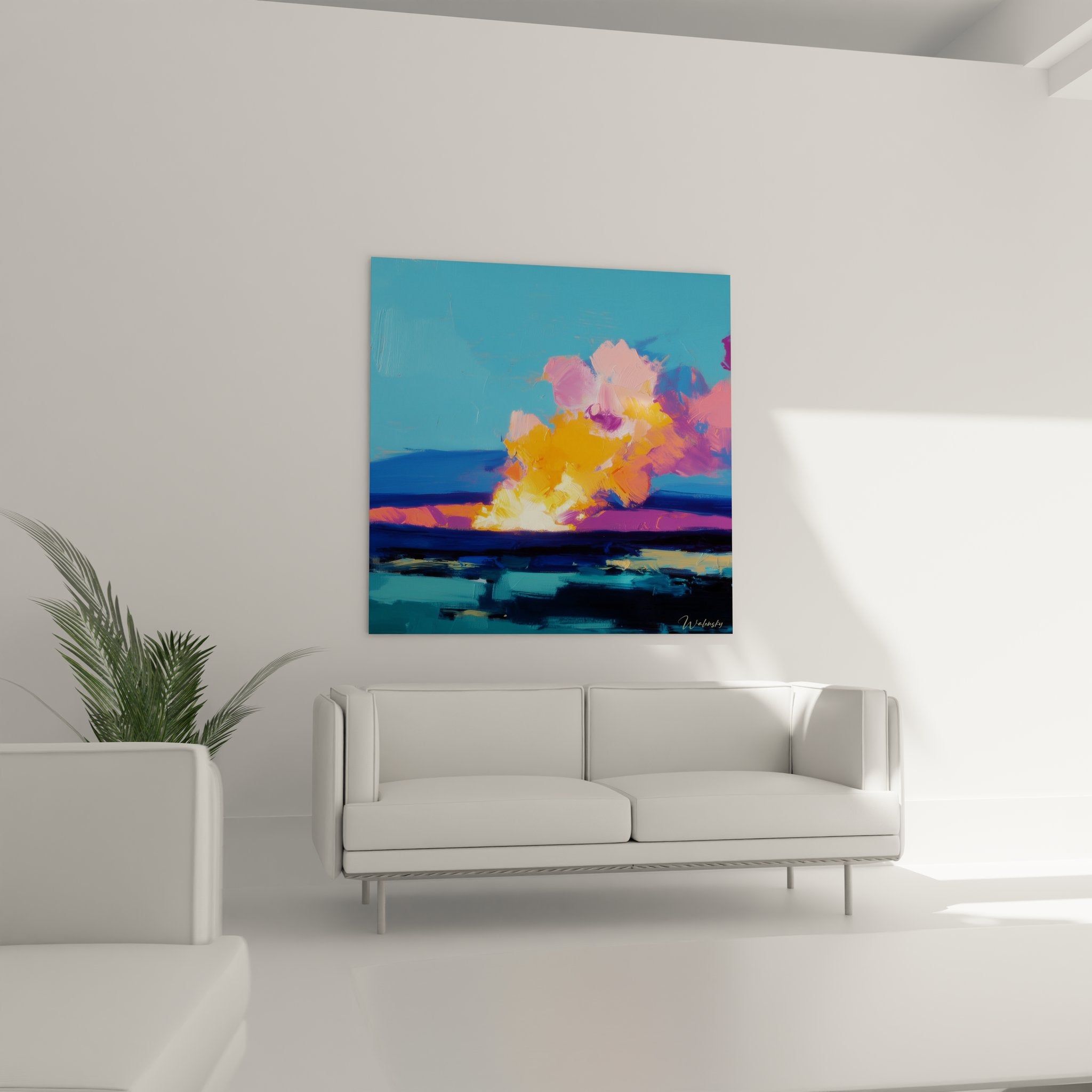 Détail tableau volcan peinture, gros plan texture couleurs éruption volcanique art mural moderne