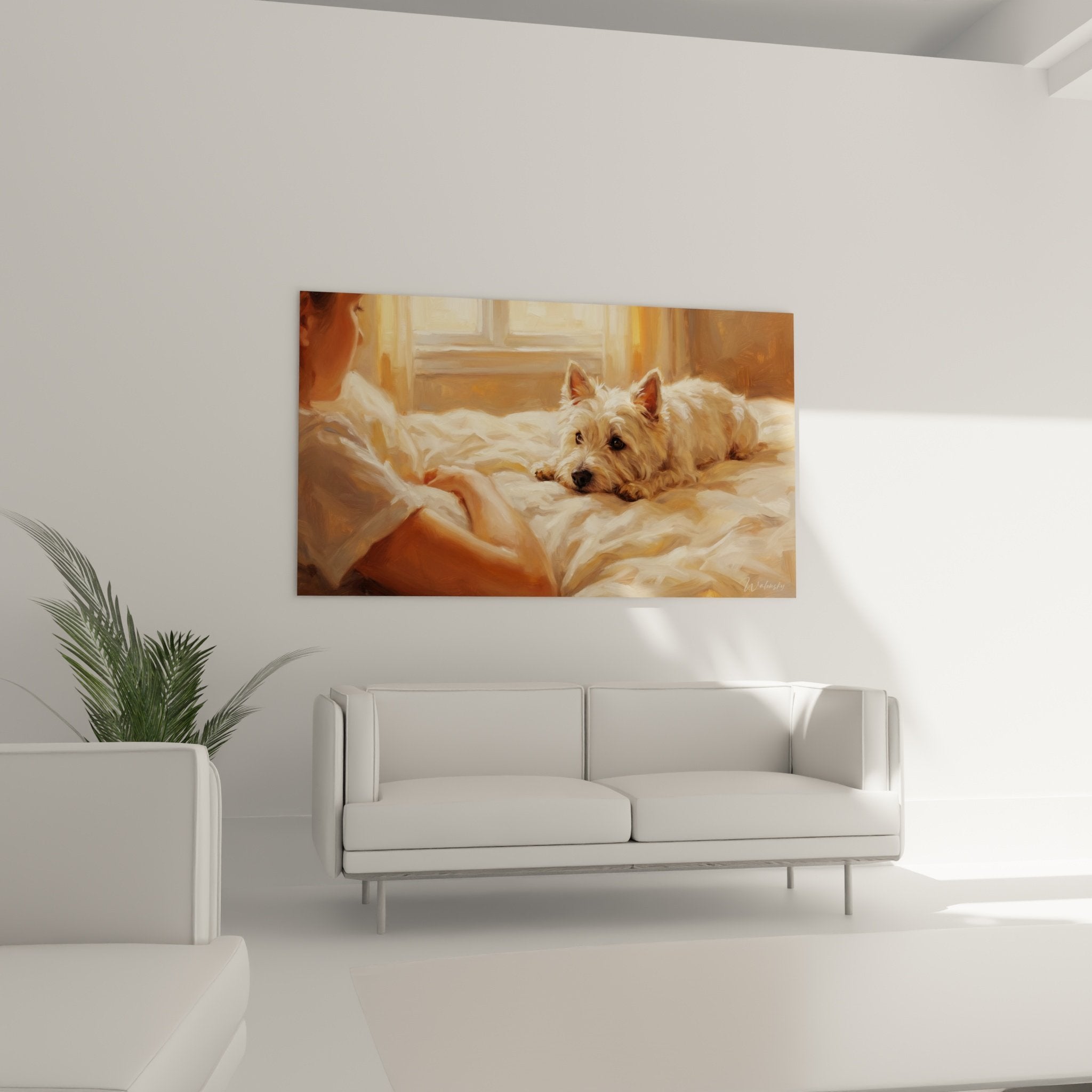Détail peinture West Highland White Terrier montrant texture fourrure blanche et expression douce du regard