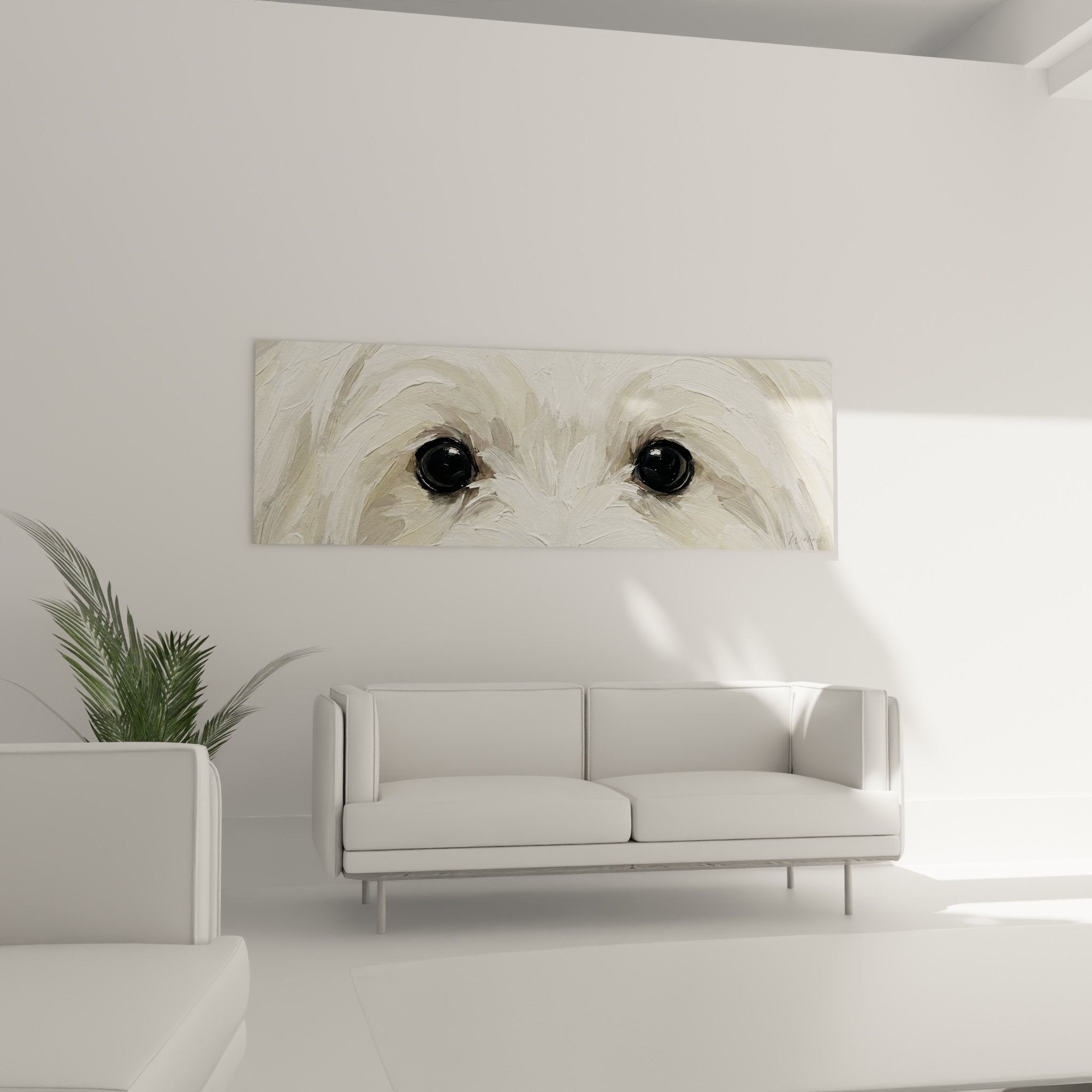 Détail peinture yeux noirs brillants Bichon Maltais sur toile texture pinceaux expressifs