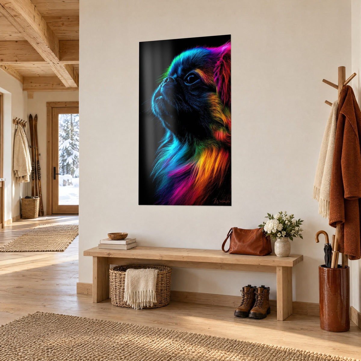 Wall art Flat-faced dog in profile, fuchsia and vivid green mane on black background, hung in a chalet-style wooden entrance