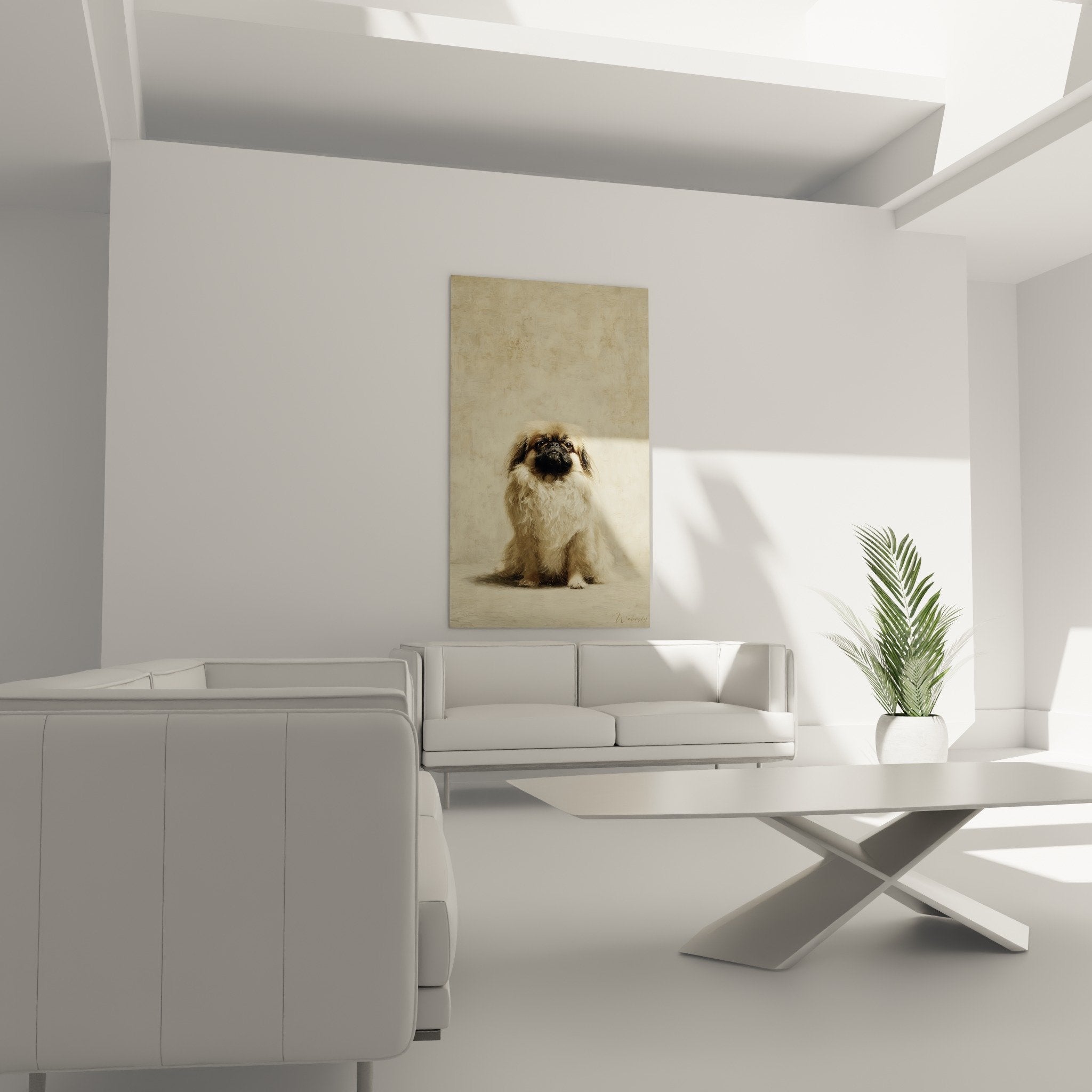 Détail du portrait Pekinois, texture pelage doré et museau noir, qualité artistique fine sur fond beige uni